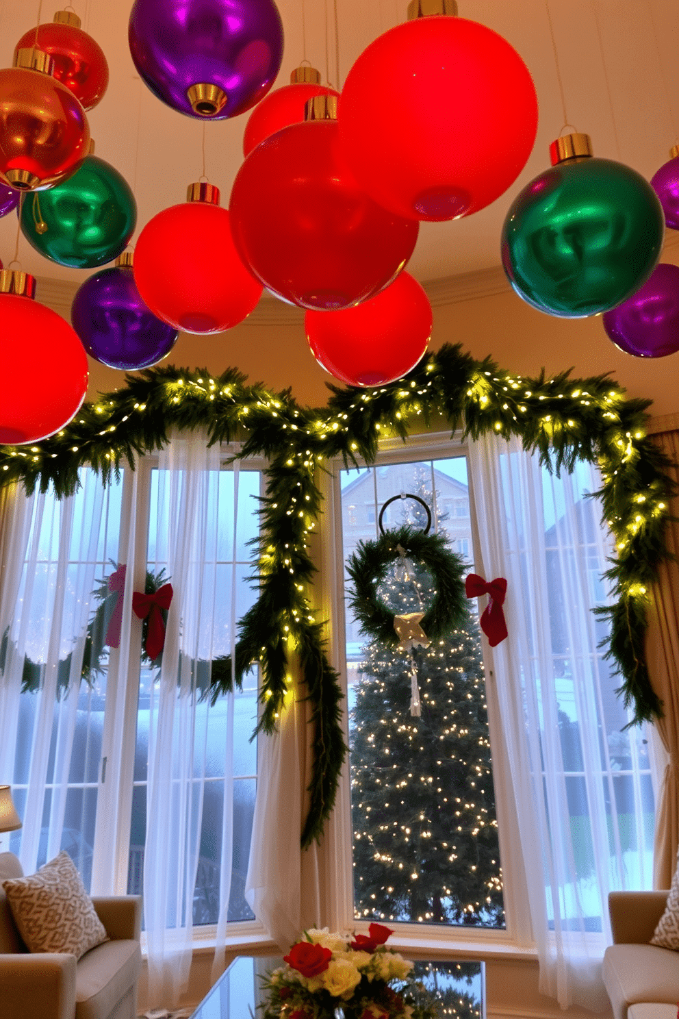 A festive living room adorned with oversized ornaments in vibrant colors, creating a striking focal point. The ornaments hang from the ceiling, complementing the elegant holiday decor throughout the space. The windows are beautifully decorated with garlands of greenery and twinkling fairy lights, enhancing the warm, inviting atmosphere. Sheer curtains frame the windows, allowing natural light to filter through while showcasing the festive decorations outside.