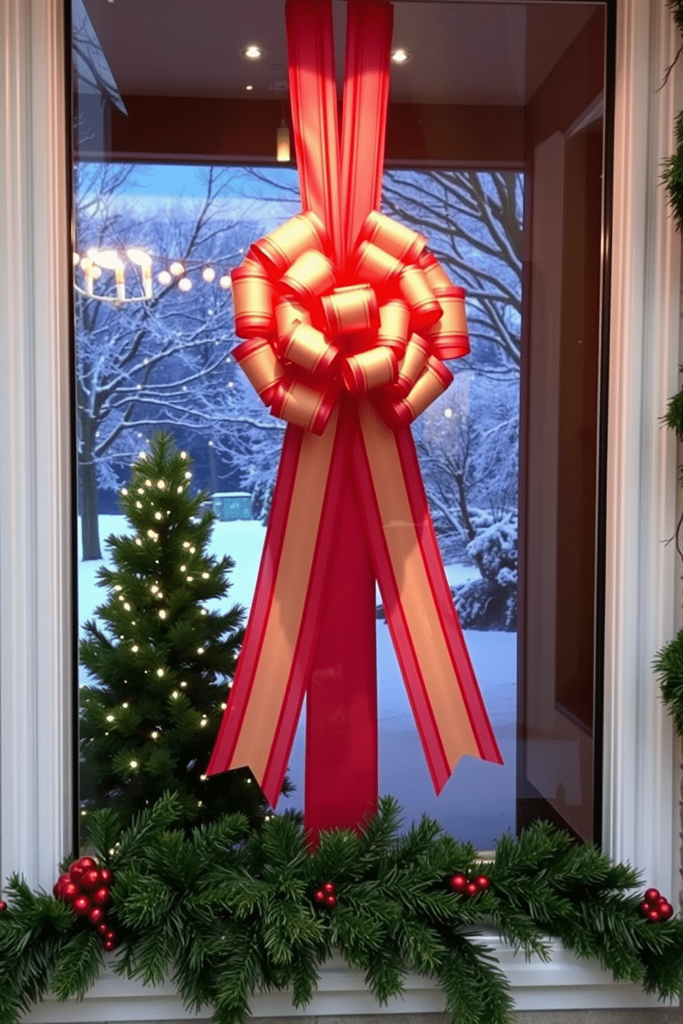 A festive window display adorned with a beautiful ribbon bow centerpiece. The backdrop features a snowy scene with twinkling fairy lights, while evergreen garlands frame the window, adding a touch of holiday charm.