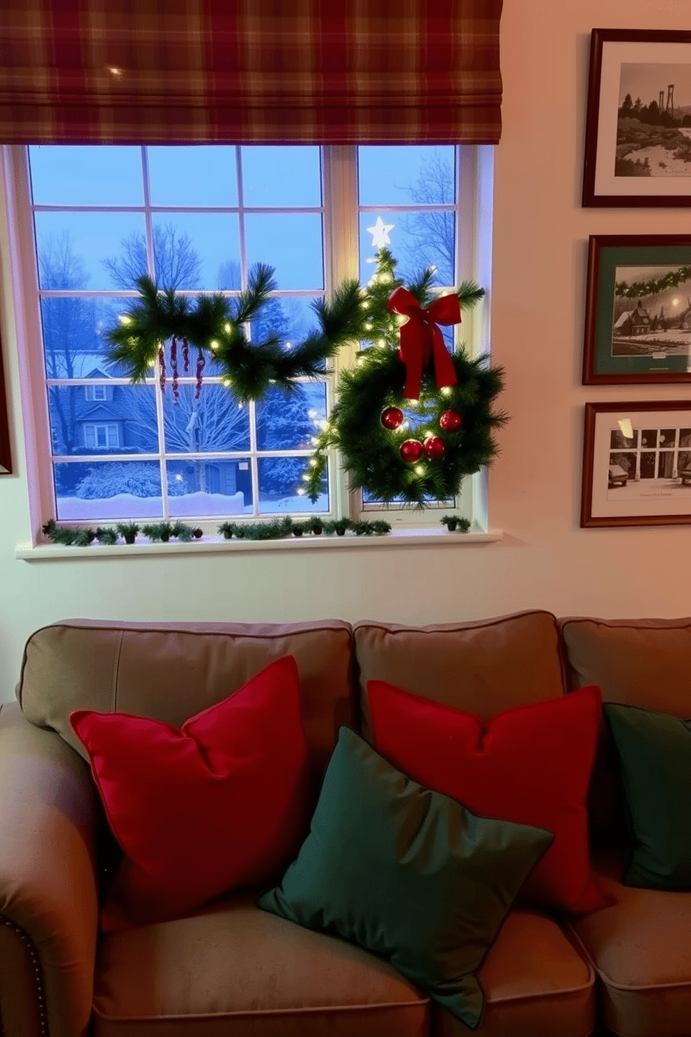 A cozy living room adorned with seasonal artwork that captures the essence of Christmas. The walls are decorated with framed prints featuring winter landscapes and festive motifs, creating a warm and inviting atmosphere. A beautifully decorated window displays a festive scene with twinkling fairy lights and a garland of evergreen branches. Plush cushions in rich red and green hues are arranged on a comfortable sofa, complementing the holiday spirit.