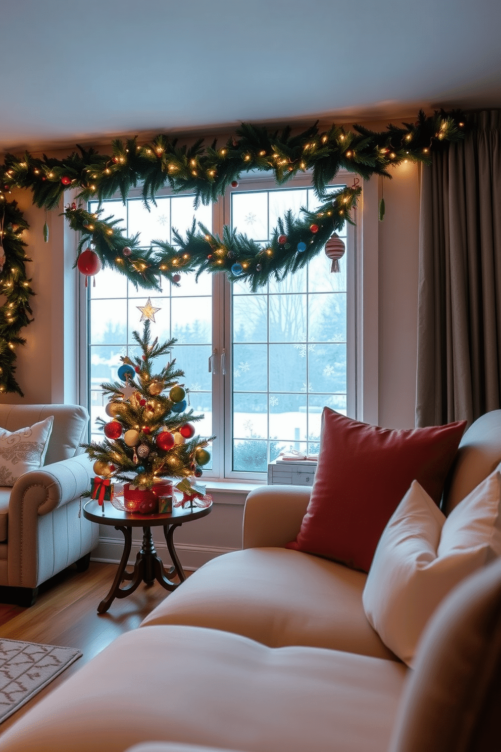 A cozy living room adorned for the holidays features a charming miniature Christmas tree placed on a side table, decorated with twinkling lights and colorful ornaments. Nearby, a large window showcases festive decorations, including garlands of evergreen and delicate snowflake decals, creating a warm and inviting atmosphere.