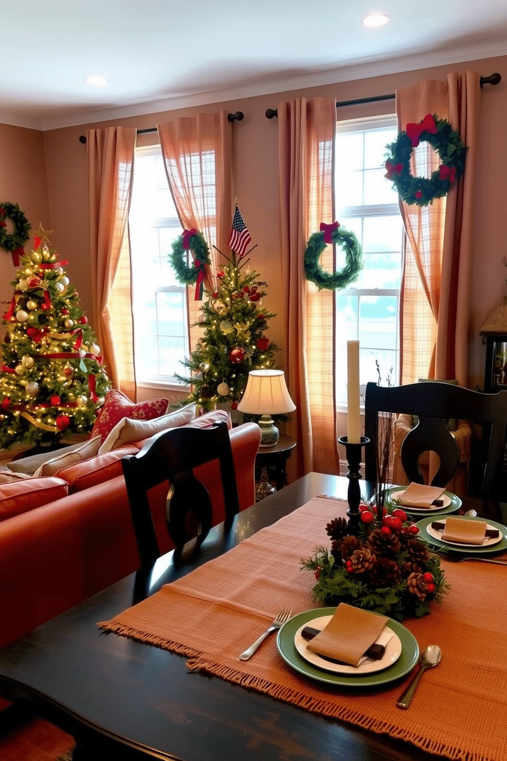 A cozy living room adorned with rustic burlap window treatments that softly diffuse the natural light. The decor features a warm color palette with accents of deep red and green, complemented by a beautifully decorated Christmas tree in the corner, adorned with twinkling lights and handmade ornaments. A charming dining area set for a festive holiday meal, with a burlap table runner and seasonal centerpieces of pinecones and red berries. The windows are dressed in burlap curtains, adding a touch of rustic elegance to the space, while holiday wreaths hang on the walls, enhancing the cheerful atmosphere.