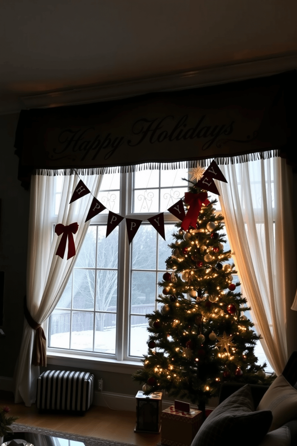 A cozy living room adorned for the holidays features a large window draped with a festive banner that reads 