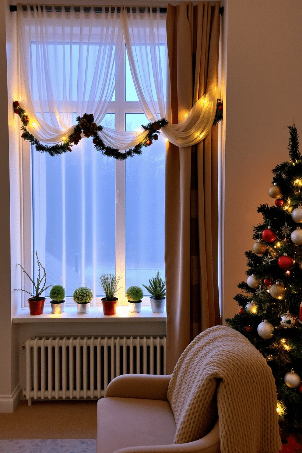 A cozy living room adorned for the Christmas season, featuring a large window dressed with elegant sheer curtains and a festive garland made of pinecones and berries draped across the top. The window sill is decorated with small potted evergreen plants and twinkling fairy lights, creating a warm and inviting atmosphere. A beautifully decorated Christmas tree stands in the corner, adorned with ornaments that complement the room's color scheme. Nearby, a plush armchair is draped with a soft, knitted blanket, inviting guests to relax and enjoy the holiday spirit.