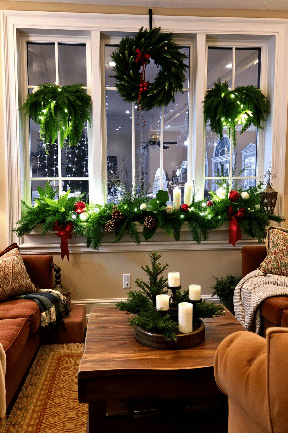 A cozy living room adorned for the holidays features a large window adorned with a charming window box overflowing with vibrant green plants and seasonal decorations. Soft white lights twinkle among the greens, while a festive wreath hangs above the window, adding warmth to the space. The room is filled with plush furnishings in rich, deep colors, complemented by a beautifully draped throw blanket on the sofa. A rustic coffee table sits in front of the fireplace, adorned with candles and a small evergreen centerpiece, creating a welcoming atmosphere for holiday gatherings.