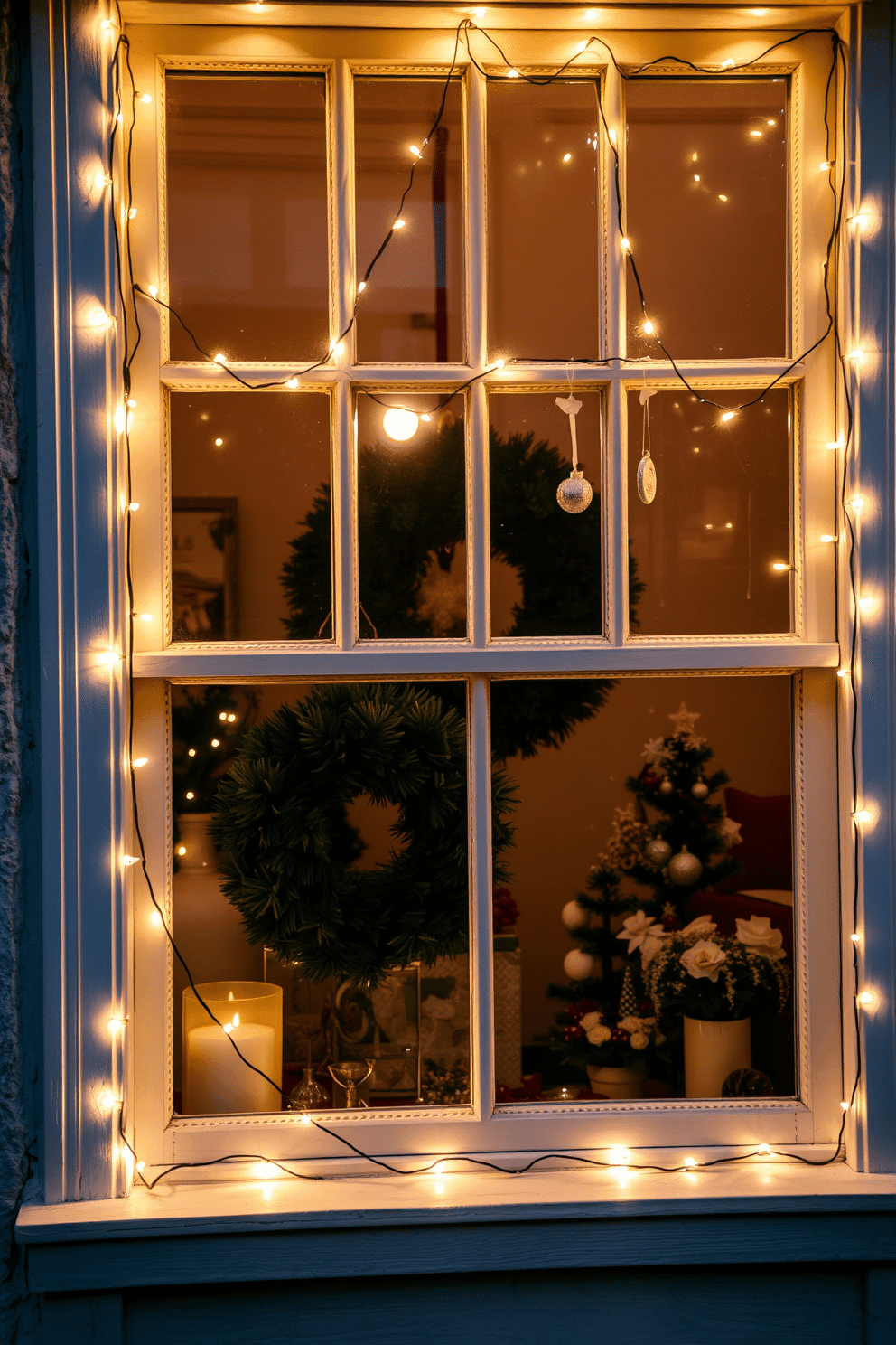 A cozy Christmas window display adorned with twinkling fairy lights draped elegantly around the window frame. The scene is complemented by festive decorations, including a lush evergreen wreath and delicate ornaments hanging from the window, creating a warm holiday ambiance.