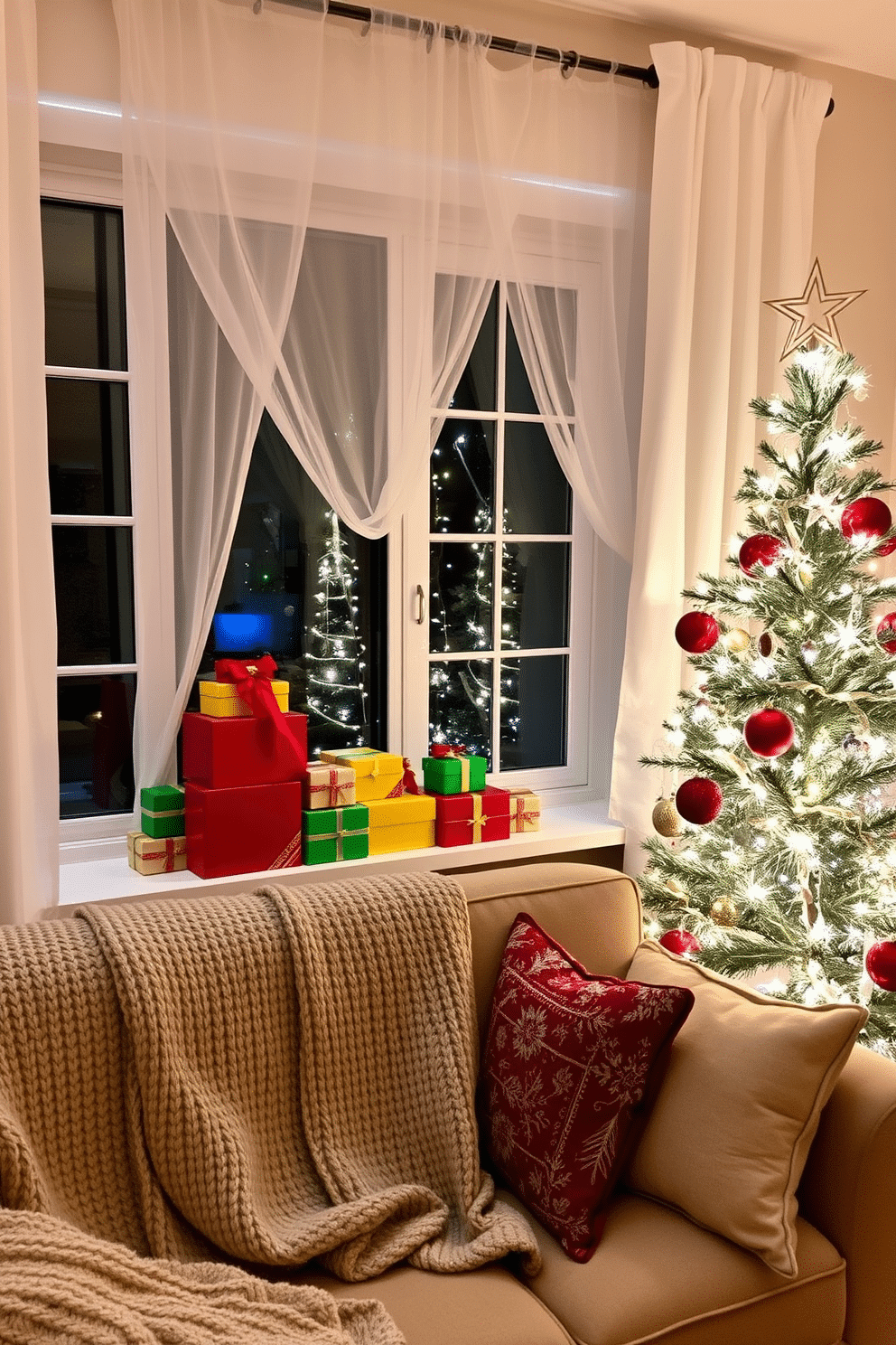 A festive living room adorned for Christmas, featuring a beautifully decorated window with sheer white curtains that let in soft natural light. Colorful gift boxes of various sizes are artfully arranged on the windowsill, complementing the holiday decorations with vibrant reds, greens, and golds. The room is filled with a cozy atmosphere, where a plush sofa is draped with a knitted throw and accented with holiday-themed cushions. A sparkling Christmas tree stands nearby, its branches adorned with twinkling lights and ornaments, creating a warm and inviting focal point.