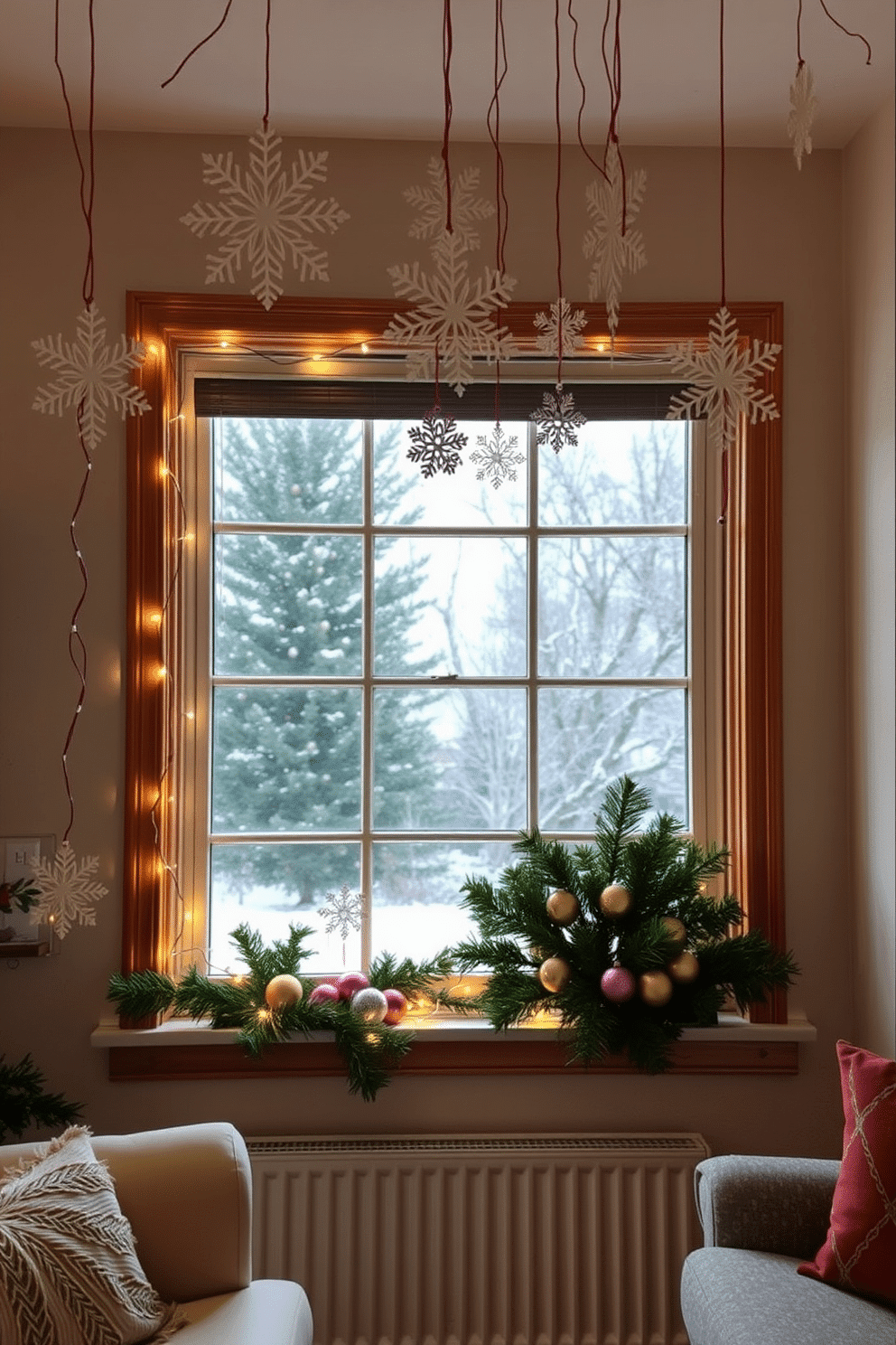 A cozy living room adorned for the holidays, featuring a large window dressed with twinkling fairy lights and festive paper snowflakes hanging gracefully from the ceiling. The window sill is decorated with evergreen branches and a collection of colorful ornaments, creating a warm and inviting atmosphere.