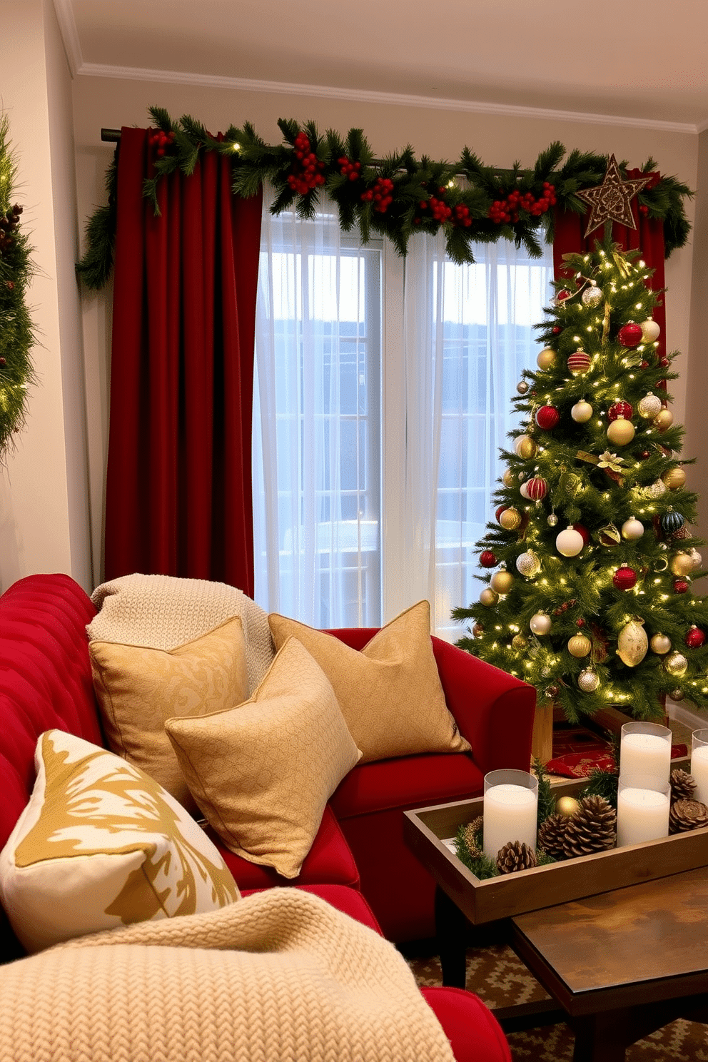 A cozy living room adorned for the holidays features a plush velvet sofa in deep red, accented with gold and cream patterned throw pillows. A soft knit blanket drapes over the armrest, while a rustic wooden coffee table displays a decorative tray with pinecones and candles. In front of the window, a beautifully decorated Christmas tree stands tall, its branches adorned with twinkling white lights and an array of colorful ornaments. Sheer white curtains frame the window, allowing natural light to filter in, while a festive garland with red berries and greenery hangs above the window, completing the holiday look.