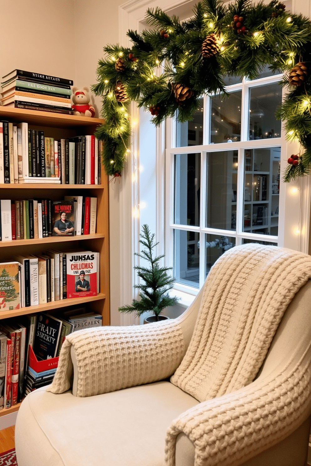 A cozy reading nook adorned with holiday-themed books and magazines. The shelves are filled with festive titles, while a plush armchair with a knitted throw invites relaxation by the window. The window is beautifully decorated with twinkling fairy lights and a garland of pinecones and berries. A small evergreen tree sits on the windowsill, completing the cheerful holiday ambiance.