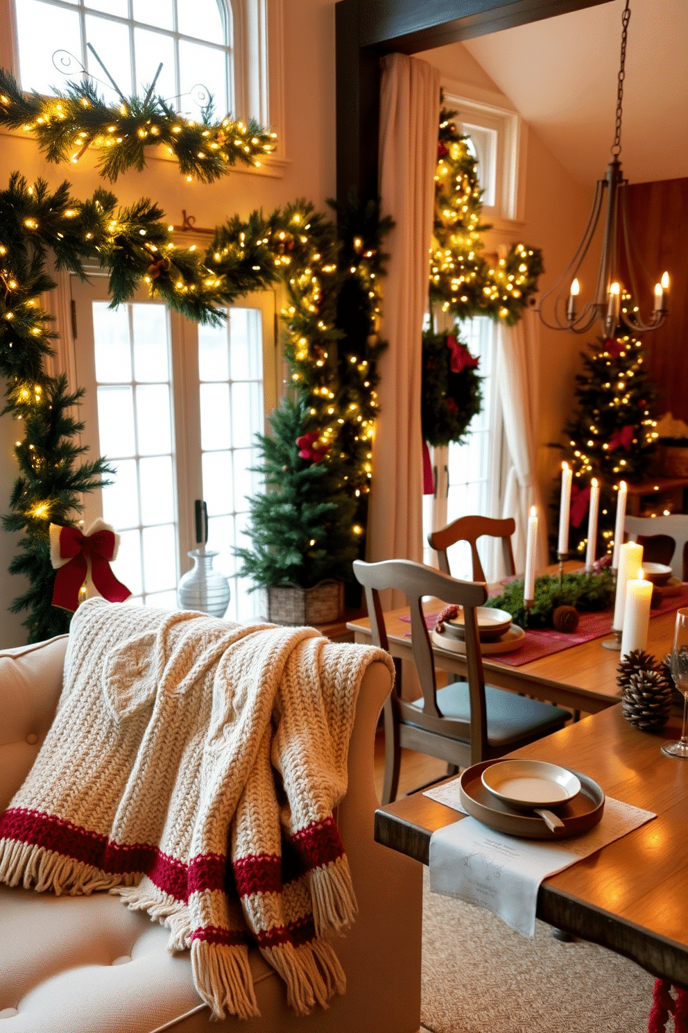 A cozy living room adorned for the holidays features a plush sofa draped with a soft, knitted throw in festive colors. The windows are beautifully decorated with twinkling string lights and elegant garlands, creating a warm and inviting atmosphere. A charming dining area showcases a rustic wooden table set for a holiday feast, surrounded by comfortable chairs. Festive centerpieces made of pinecones and candles add a delightful touch to the table, while the windows are framed with sheer curtains and seasonal wreaths.