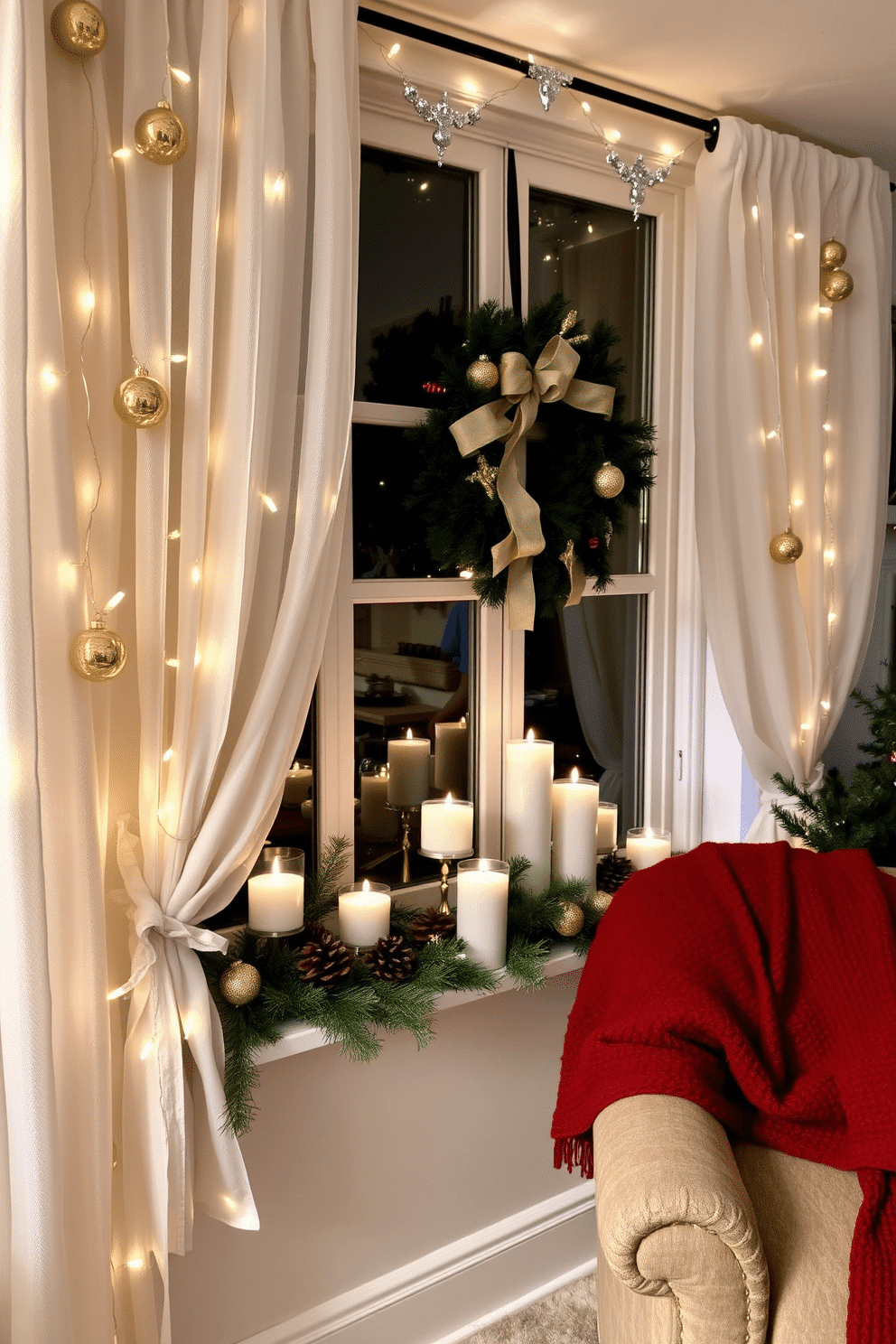 A cozy living room adorned for the holidays features a beautifully decorated window, draped with sheer white curtains that allow soft light to filter through. Metallic accents in gold and silver are incorporated with twinkling fairy lights, shimmering ornaments, and a stylish wreath, creating a festive sparkle that enhances the warm ambiance. The window sill is adorned with a collection of decorative candles in varying heights, surrounded by pinecones and evergreen sprigs for a touch of nature. A plush throw blanket in a rich red hue is casually draped over a nearby armchair, inviting guests to relax and enjoy the seasonal charm.