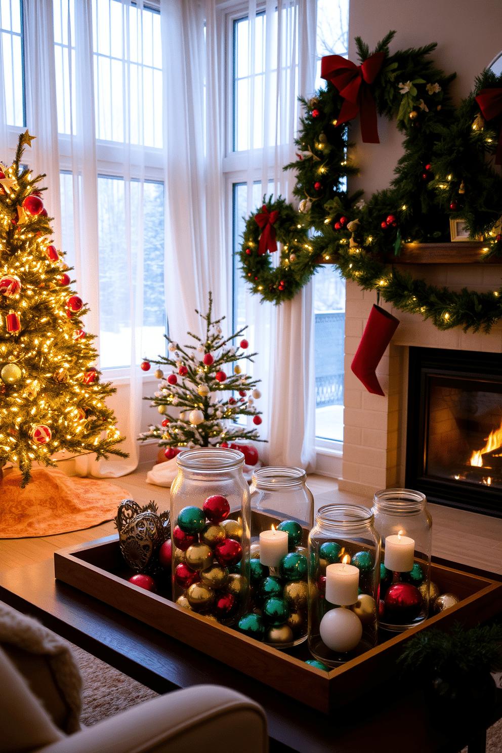 A cozy living room adorned for the holidays features a beautifully decorated Christmas tree in the corner, twinkling with warm white lights and colorful ornaments. On the coffee table, glass jars filled with ornaments in various sizes and colors add a festive touch, reflecting the soft glow of the nearby fireplace. The windows are draped with sheer white curtains, allowing natural light to filter through while showcasing a winter wonderland outside. Festive garlands and wreaths made of evergreen branches are tastefully arranged, completing the warm and inviting holiday atmosphere.