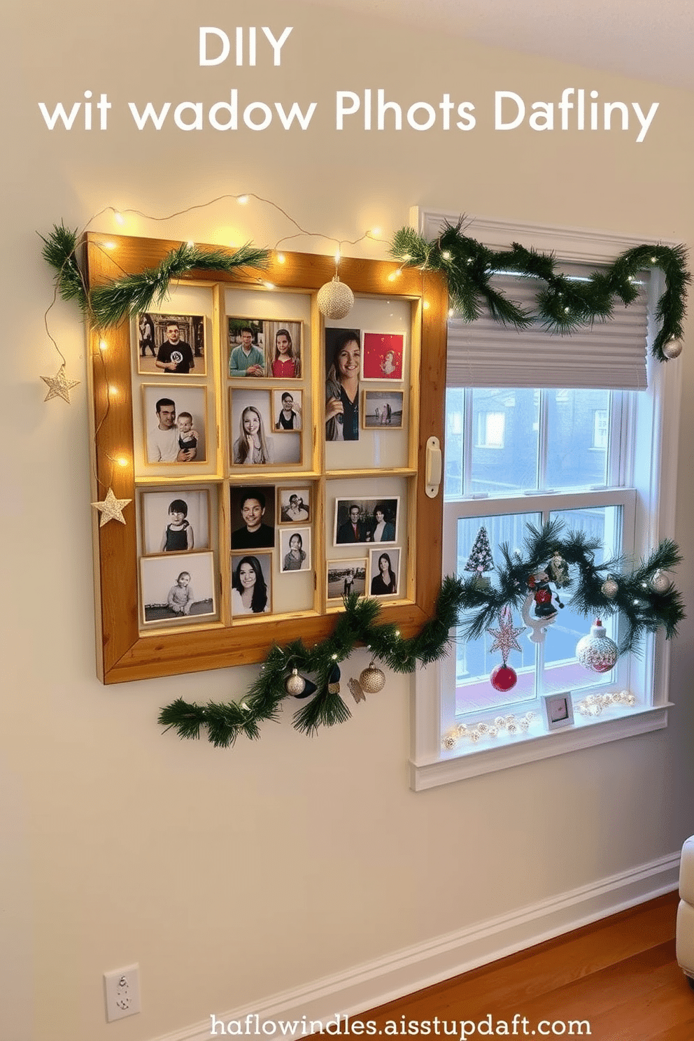 A charming DIY window frame photo display features a rustic wooden frame repurposed from an old window, displaying a collection of cherished family photos. The frame is adorned with string lights that twinkle softly, adding a warm glow to the display. For Christmas decorating, imagine a cozy living room with a beautifully adorned window showcasing festive decorations. Delicate garlands of evergreen are draped along the window sill, complemented by sparkling ornaments and a few handmade decorations for a personal touch.