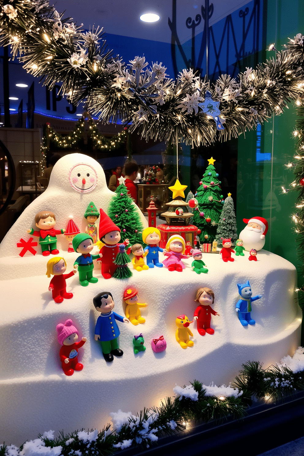 A whimsical Christmas window display featuring a variety of colorful toy figurines arranged playfully on a snowy backdrop. The window is adorned with twinkling fairy lights and festive garlands, creating a cheerful and inviting atmosphere.