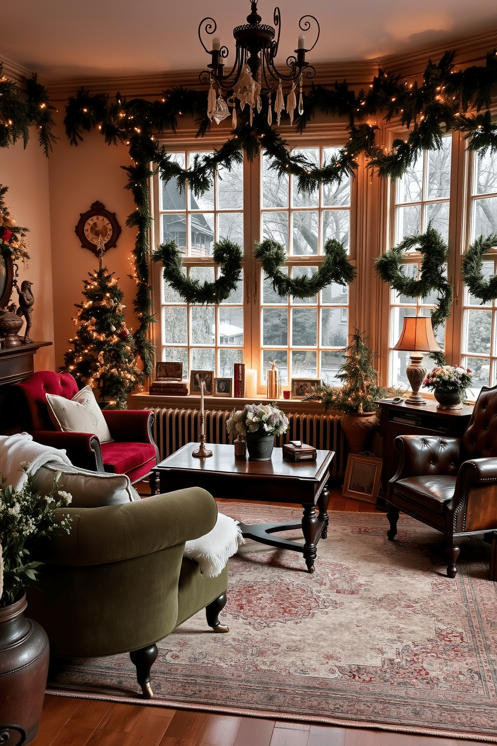 A cozy living room adorned with vintage decorations that evoke a sense of nostalgia. An antique wooden coffee table is surrounded by a mix of velvet and leather armchairs, while a faded Persian rug anchors the space. The windows are beautifully decorated for Christmas, featuring elegant garlands of greenery and twinkling fairy lights. Delicate ornaments dangle from the window frames, creating a warm and inviting holiday atmosphere.