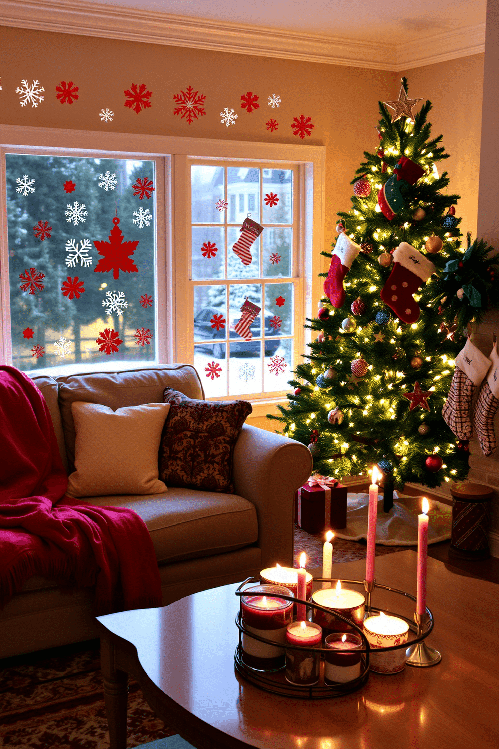 A cozy living room adorned with festive window clings in holiday shapes, creating a cheerful atmosphere. The room features a plush sofa draped with a soft red throw, and a beautifully decorated Christmas tree stands in the corner, twinkling with lights. On the coffee table, a collection of holiday-themed candles flickers gently, casting a warm glow. Stockings hang from the mantle, each uniquely designed, adding to the overall festive charm of the space.