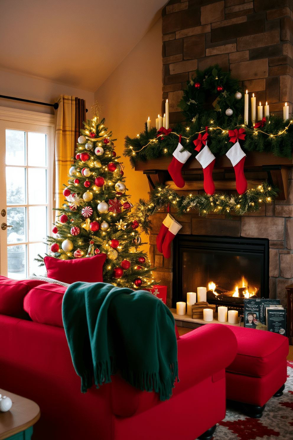 A cozy living room adorned for the holiday season. The color scheme features rich reds and deep greens, with a plush red sofa draped in a soft green throw blanket. A beautifully decorated Christmas tree stands in the corner, twinkling with warm white lights and vibrant ornaments. Stockings hang from a rustic wooden mantel above a crackling fireplace, surrounded by festive garlands and candles.