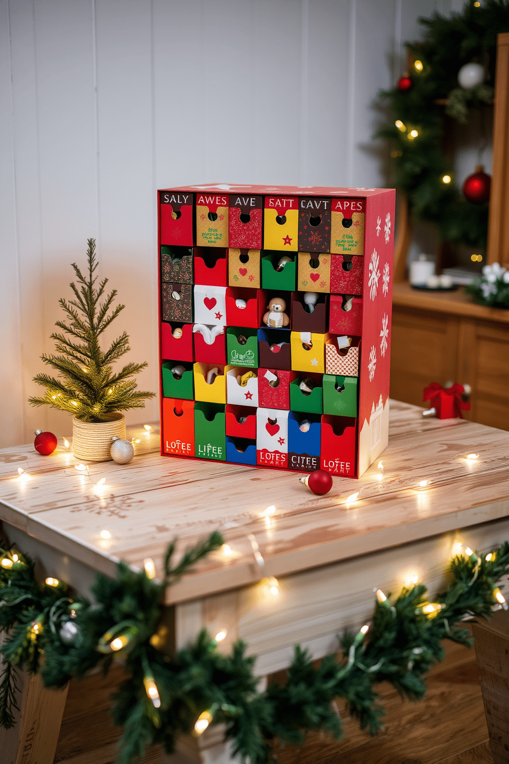 A vibrant advent calendar is displayed prominently on a rustic wooden table, adorned with festive decorations. Each day features a different colorful compartment, filled with small treats and surprises, creating an inviting and cheerful atmosphere. Surrounding the calendar are twinkling fairy lights that add a warm glow to the scene. Evergreen garlands and ornaments accentuate the table, enhancing the overall Christmas spirit in the room.