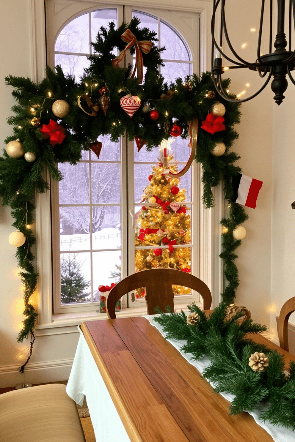 A cozy living room adorned for the holidays, featuring a beautifully decorated Christmas tree with twinkling lights and colorful ornaments. The window is framed with lush garlands and sparkling ribbons, creating a festive atmosphere as snow gently falls outside. A charming dining area set for a holiday feast, with a rustic wooden table draped in a white tablecloth and adorned with evergreen centerpieces. Twinkling fairy lights are strung across the window, casting a warm glow over the snowy landscape beyond.