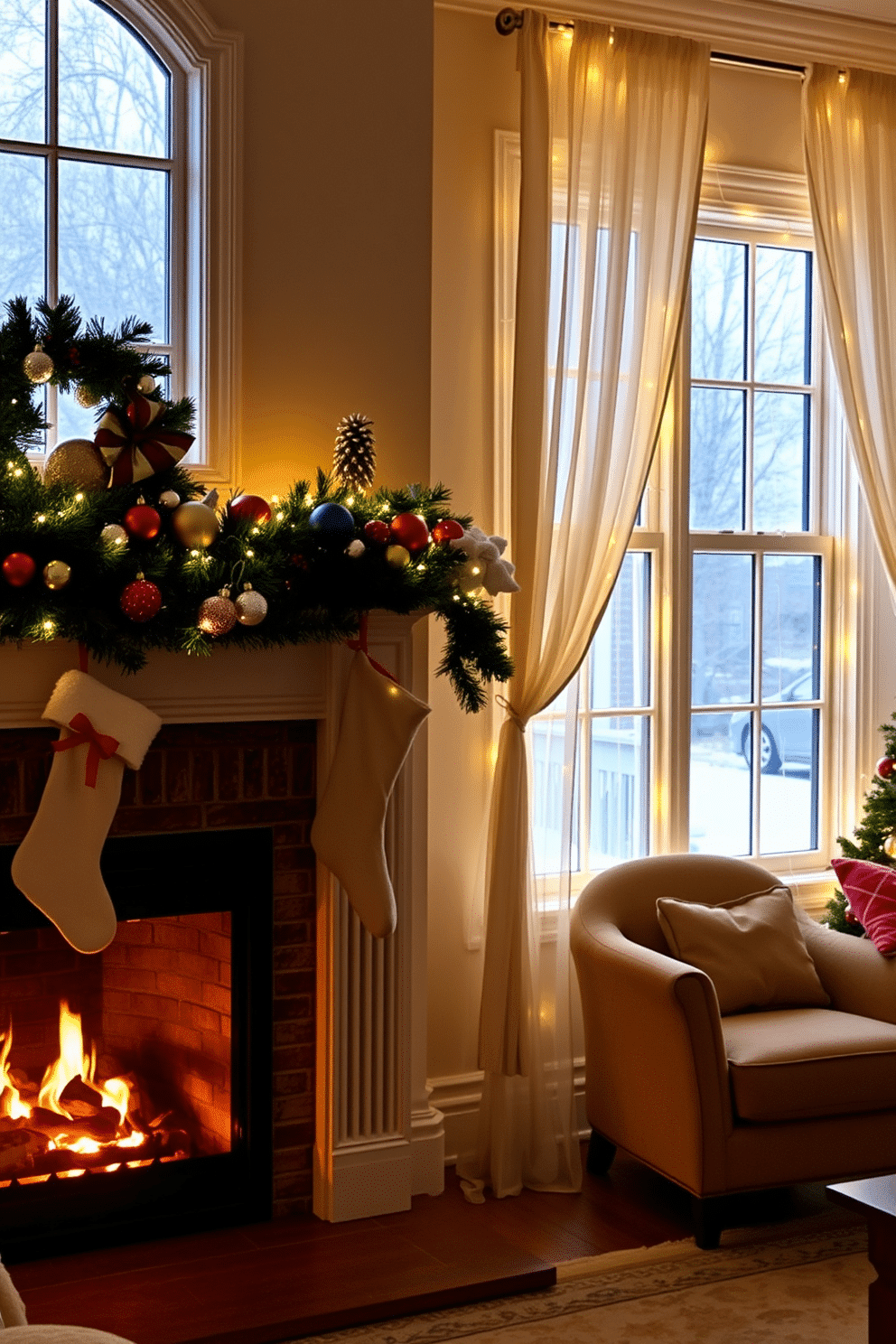 A warm and inviting living room adorned for the holidays. A beautifully decorated fireplace mantel features lush greenery, twinkling lights, and colorful ornaments, while cozy stockings hang from the mantel, adding a festive touch. The windows are elegantly dressed with sheer white curtains, allowing soft natural light to filter through. Outside, twinkling fairy lights outline the window frames, creating a magical winter wonderland effect.