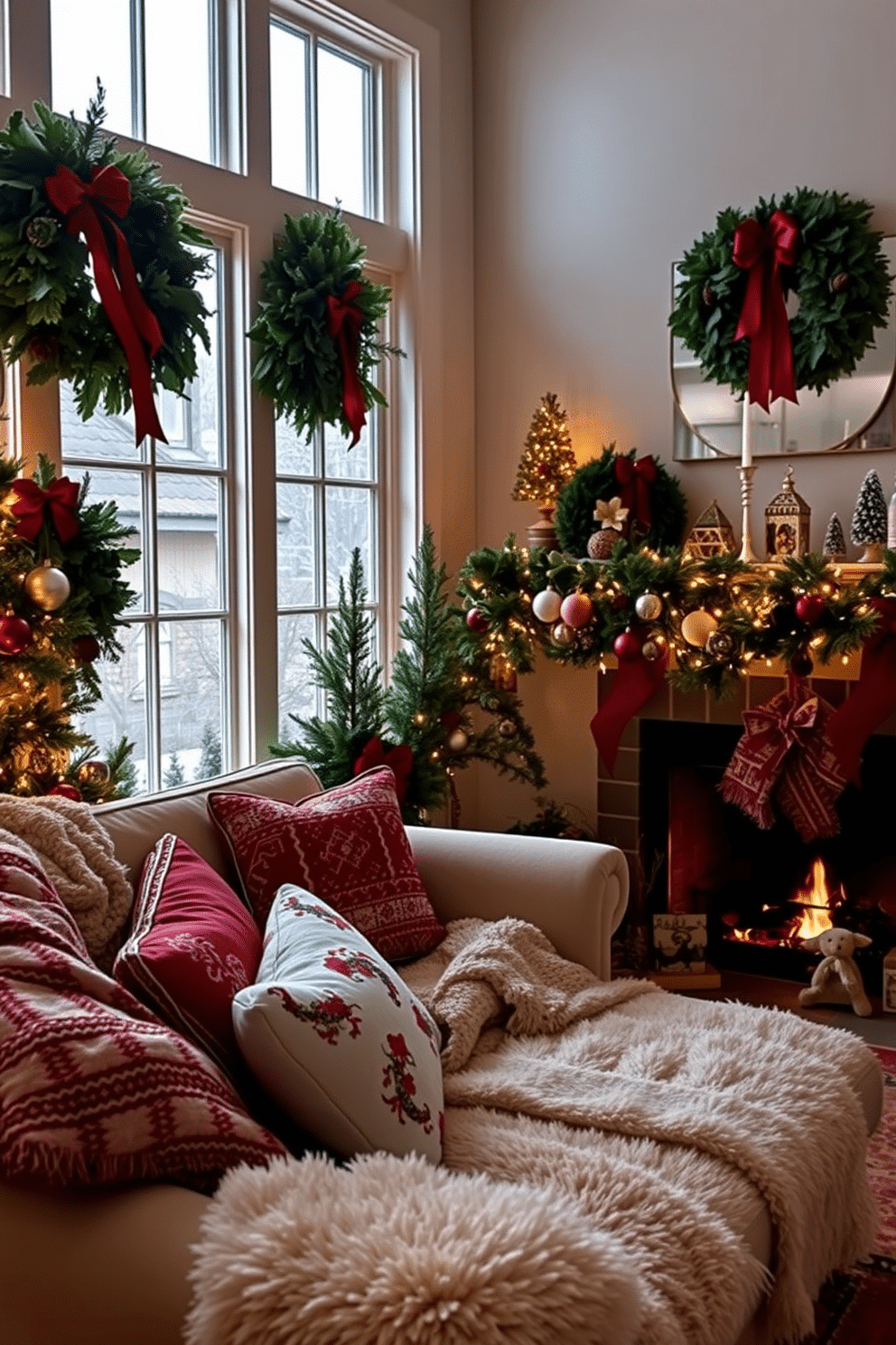 A cozy living room adorned for the holidays features large windows framed with lush evergreen wreaths, each embellished with red ribbons and pinecones. Soft, warm lighting emanates from a nearby fireplace, casting a gentle glow on the festive decorations throughout the space. The mantel is decorated with a variety of Christmas ornaments, twinkling lights, and a garland that complements the wreaths. Plush throw blankets and seasonal pillows invite comfort and warmth, creating an inviting atmosphere perfect for holiday gatherings.