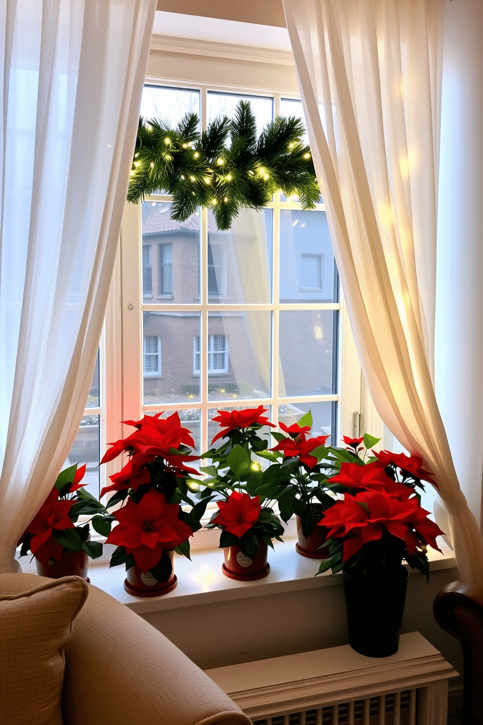 A cozy living room adorned for the holidays, featuring a beautifully decorated window sill filled with vibrant potted poinsettias. The window is draped with sheer white curtains, allowing soft natural light to illuminate the festive decor, including twinkling fairy lights and a garland of evergreen branches.