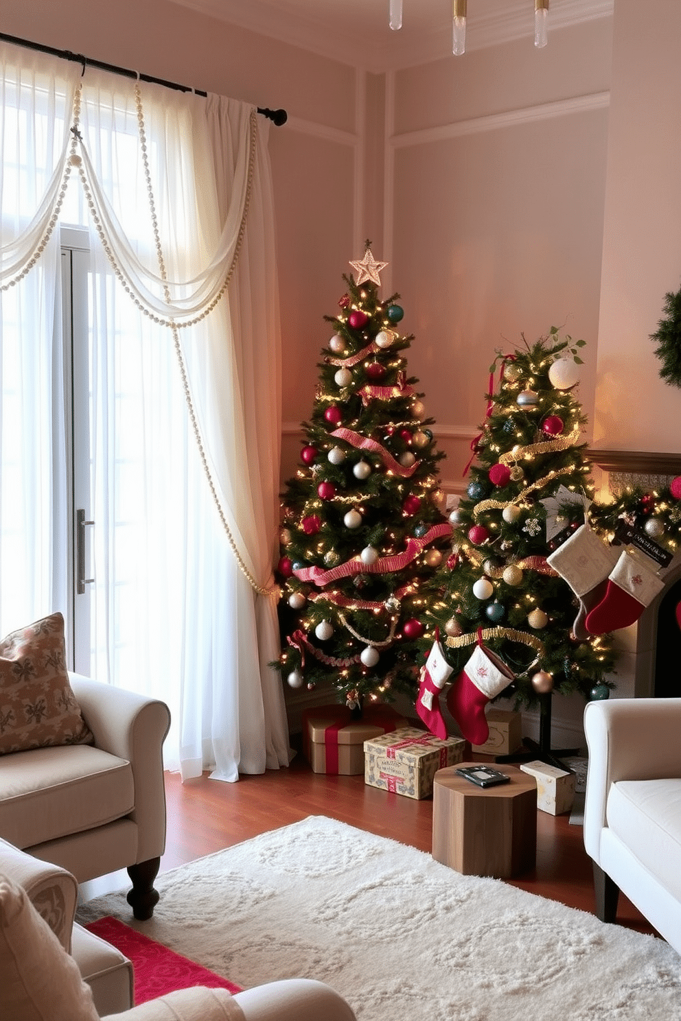 A cozy living room adorned for the holidays. Layer sheer curtains with festive panels, allowing soft light to filter through while adding a touch of seasonal cheer. A beautifully decorated Christmas tree stands in the corner, adorned with twinkling lights and colorful ornaments. The fireplace is adorned with garlands and stockings, creating a warm and inviting atmosphere.