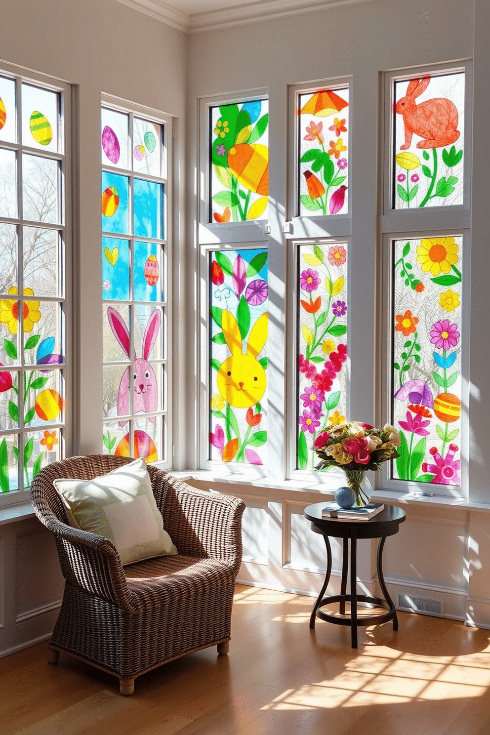 A bright and cheerful living room with large windows adorned with colorful tissue paper art, creating a vibrant stained-glass effect. The room is filled with natural light, and the colorful patterns cast playful shadows on the white walls and light hardwood floors. In a cozy corner, a wicker chair with a pastel cushion sits next to a small side table holding a vase of fresh spring flowers. The window art features intricate Easter-themed designs, such as bunnies, eggs, and flowers, adding a festive touch to the space.