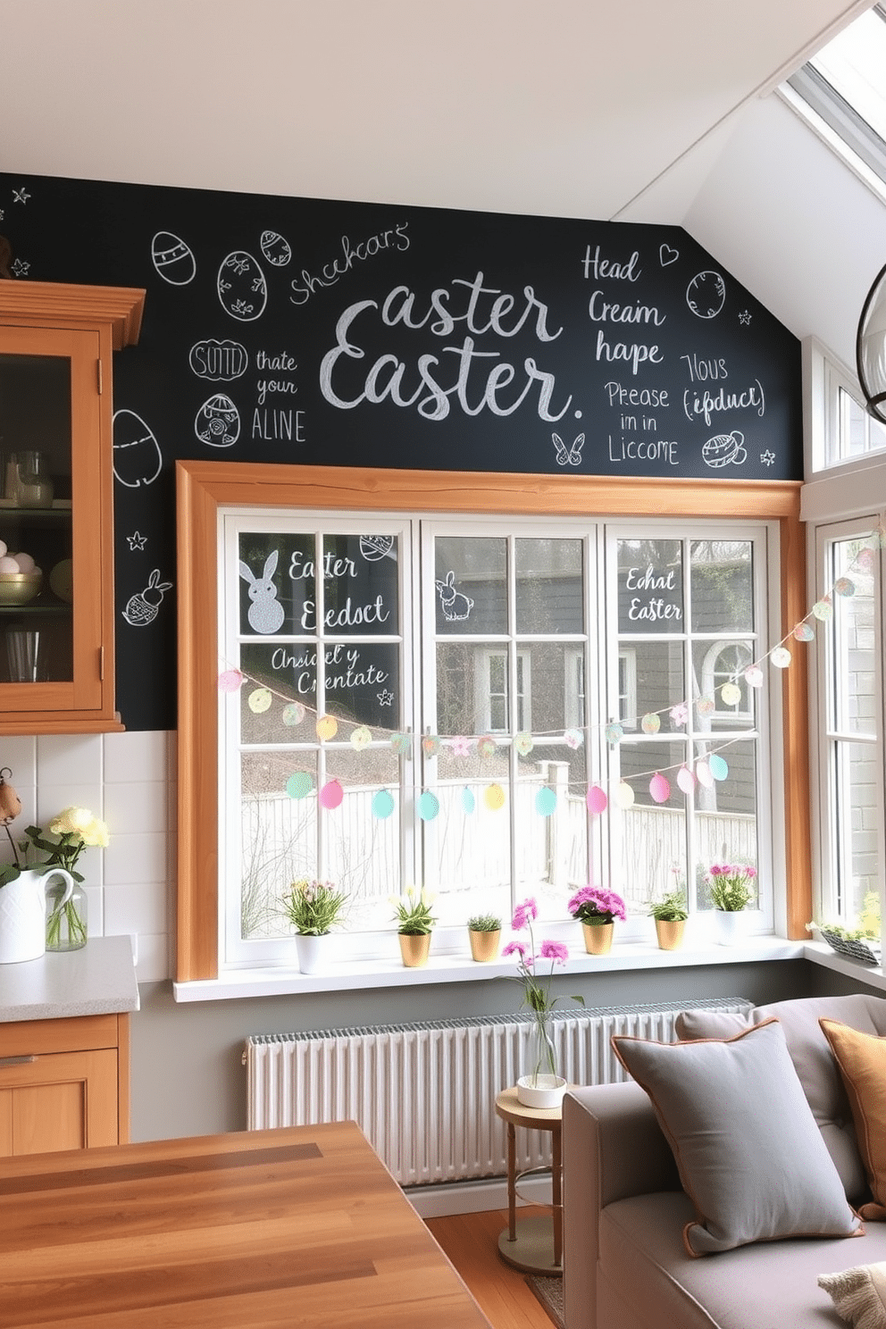 A cozy kitchen with a large chalkboard wall, featuring hand-drawn Easter messages in whimsical fonts and pastel colors. The chalkboard is framed with rustic wood, and around it, there are illustrations of bunnies, eggs, and flowers, creating a festive and cheerful atmosphere. A bright and airy living room with large windows adorned with Easter-themed decorations. Delicate paper garlands of pastel-colored eggs and bunnies hang across the windows, while small pots of blooming spring flowers sit on the windowsill, bringing a touch of nature indoors.