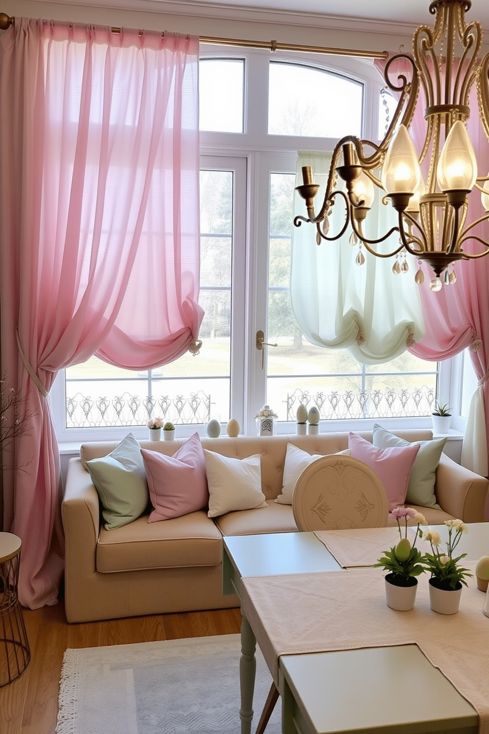 A cozy living room featuring layered fabric curtains in pastel shades. The curtains, in hues of soft pink, lavender, and mint, cascade from a brass curtain rod, adding a touch of elegance to the space. The large window behind the curtains allows natural light to filter through, creating a warm, inviting ambiance. Complementing the curtains, a plush beige sofa is adorned with pastel-colored throw pillows, and a light gray rug anchors the room. A charming dining area set for an Easter celebration. The windows are decorated with delicate lace curtains, framing the view outside. On the windowsill, a collection of pastel-colored Easter eggs and small potted spring flowers add a festive touch. Above the dining table, a whimsical chandelier adorned with Easter-themed ornaments casts a soft glow, enhancing the cheerful atmosphere.