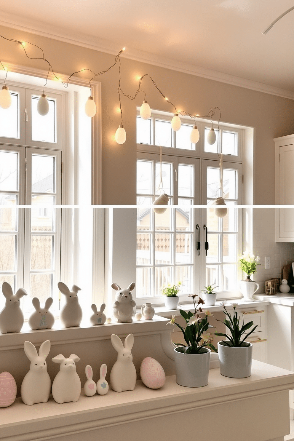 A cozy living room with string lights shaped like Easter eggs draped across the mantle, casting a warm glow over the space. Below the lights, a collection of pastel-colored Easter decorations, including ceramic bunnies and painted eggs, are artfully arranged. A bright and airy kitchen with large windows adorned with Easter-themed decorations. Hand-painted Easter eggs hang from delicate ribbons, while small potted plants with blooming spring flowers sit on the windowsill, adding a touch of nature to the festive decor.