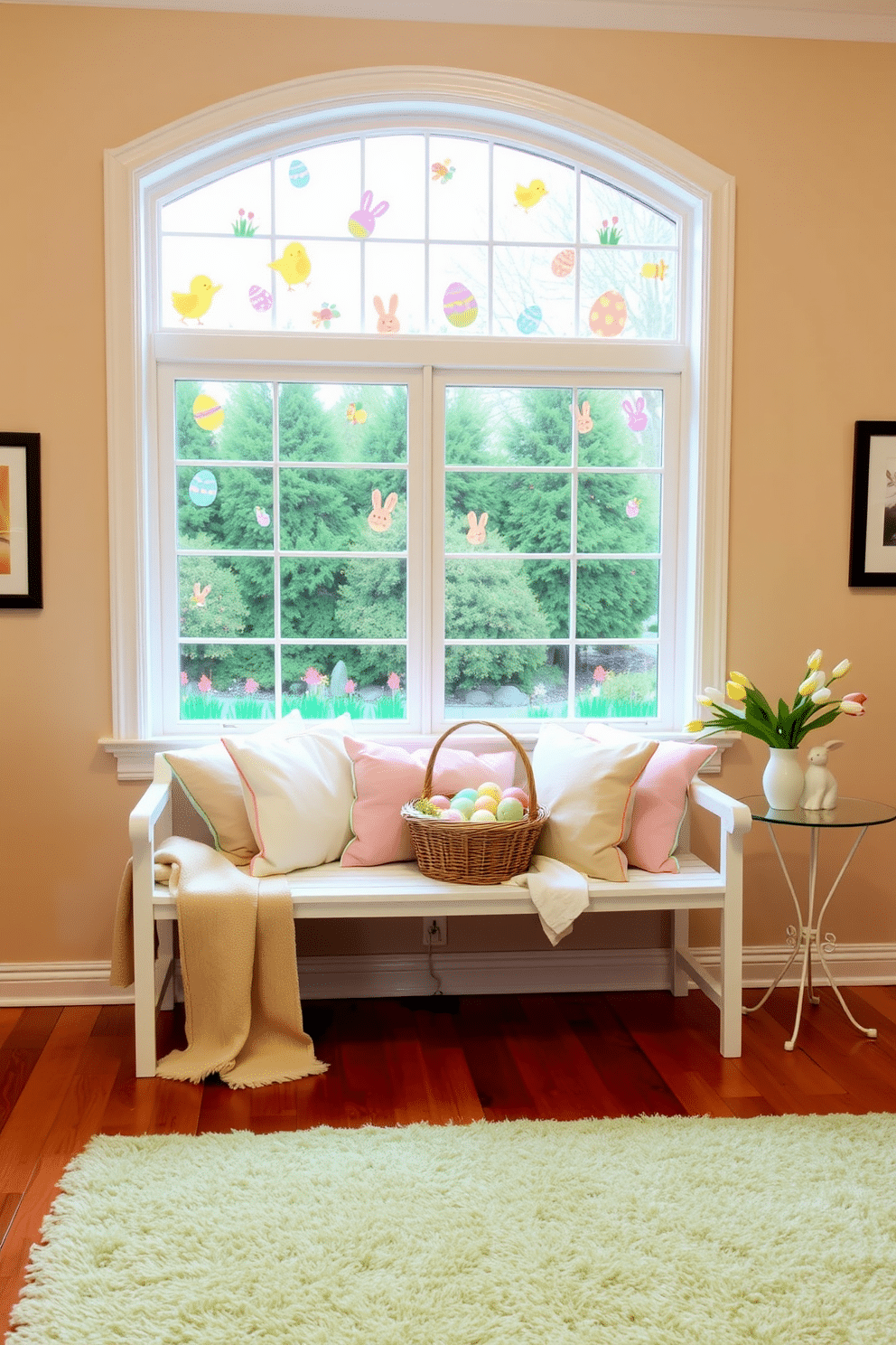 A cozy living room adorned for Easter. The large window is decorated with clings featuring cute chicks, bunnies, and colorful eggs, creating a festive atmosphere. Below the window, a white wooden bench is covered with pastel-colored cushions and a soft throw blanket. On the bench, a wicker basket filled with decorative Easter eggs and spring flowers adds a charming touch. The walls are painted in a light, warm beige, and a plush rug in soft green covers the hardwood floor. A small side table next to the bench holds a ceramic bunny and a vase with fresh tulips.