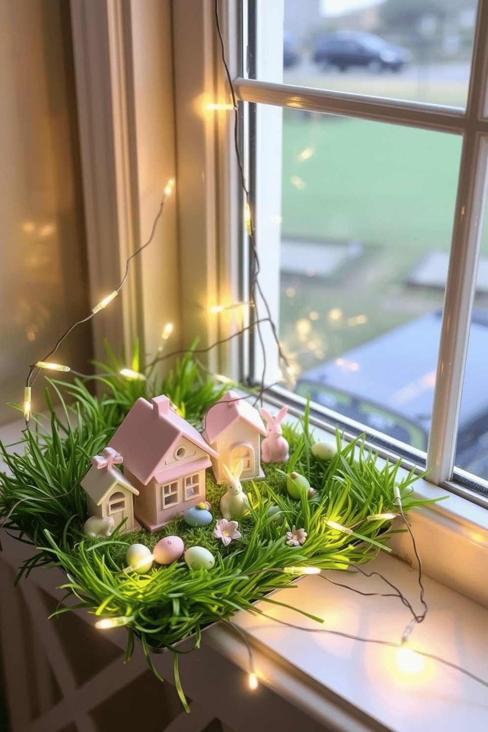 A miniature Easter village scene is displayed on a windowsill. The village features small pastel-colored houses, tiny bunnies, and miniature Easter eggs scattered around. The windowsill is adorned with green artificial grass to mimic a spring meadow. Delicate fairy lights are intertwined with the decorations, casting a warm glow in the evening.