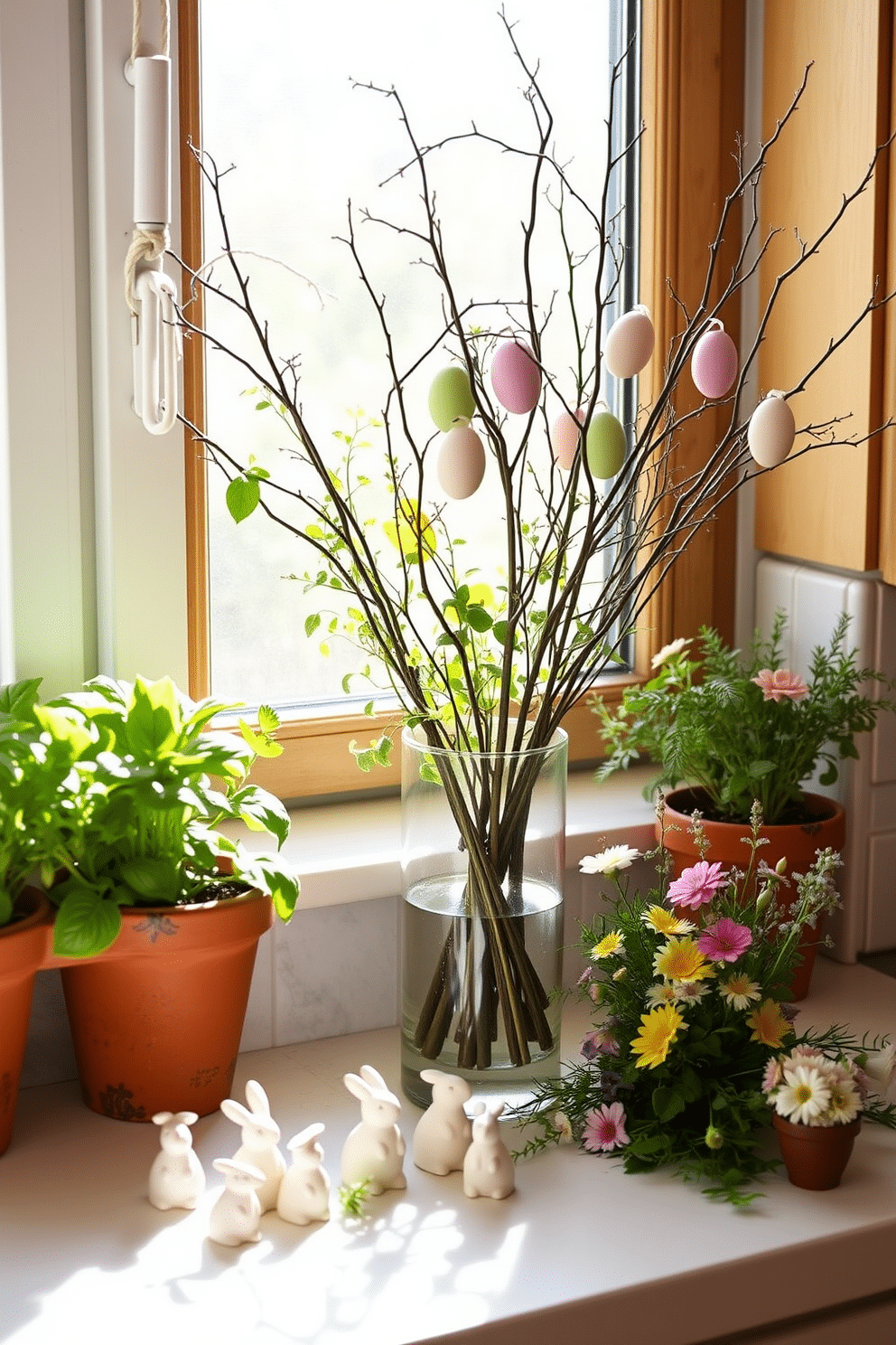 Seasonal window planters with herbs: A set of window planters brimming with fresh herbs like basil, rosemary, and thyme, adding a touch of green to the kitchen windowsill. The planters are made of rustic terracotta, complementing the kitchen's natural wood and white color palette, with sunlight streaming through the window enhancing the vibrant green hues of the herbs. Window Easter Decorating Ideas: A charming window display featuring pastel-colored paper eggs hanging from delicate branches arranged in a glass vase. The windowsill is adorned with small ceramic bunnies and a mix of fresh spring flowers, creating a festive and cheerful atmosphere perfect for celebrating Easter.