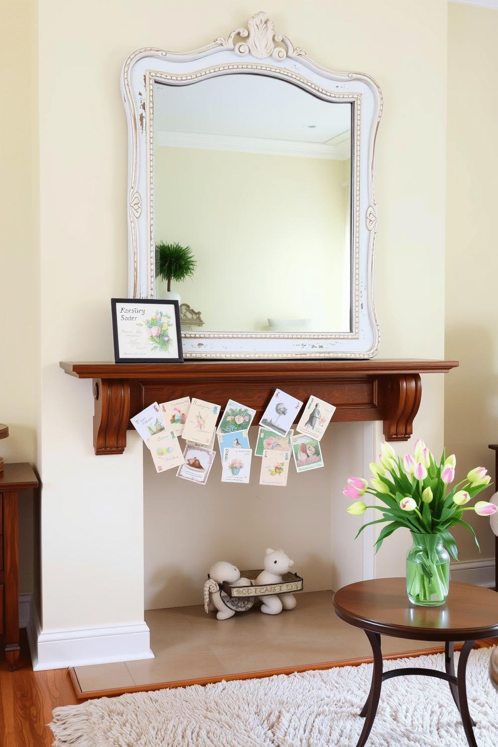 A cozy living room setting. There's a vintage-inspired Easter postcard display on a wooden mantelpiece, featuring pastel-colored postcards with intricate floral designs and charming Easter motifs. Above the mantel, a large antique mirror with a distressed white frame reflects the room's soft lighting. The walls are painted in a warm cream shade, and the floor is covered with a plush beige rug. A vase filled with fresh tulips sits on a nearby side table, adding a touch of spring to the space.