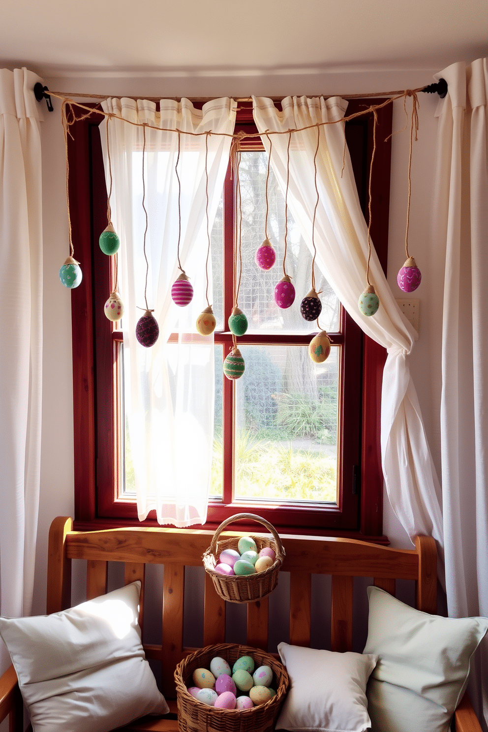 A cozy living room adorned with Easter decorations. Hanging from the window frame are twine strings with colorful, intricately decorated eggs, creating a festive and inviting atmosphere. The window is framed by sheer white curtains that softly filter the sunlight, enhancing the room's warm and cheerful ambiance. Below the window, a wooden bench is adorned with pastel-colored cushions, and a small basket filled with additional decorated eggs sits on the bench, completing the charming Easter display.