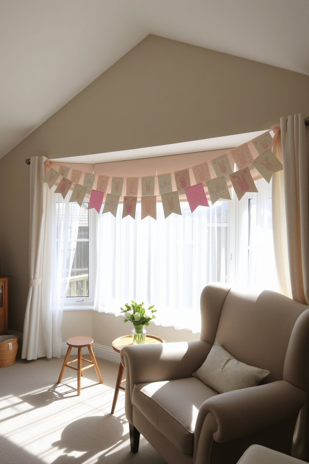 A cozy living room with a large bay window adorned with DIY fabric bunting featuring charming Easter motifs. The bunting is crafted from pastel-colored fabrics with patterns of bunnies, eggs, and flowers, creating a festive and welcoming atmosphere. In front of the window, a comfortable armchair is placed next to a small wooden side table holding a vase of fresh spring flowers. The sunlight filters through sheer white curtains, highlighting the delicate bunting and casting a warm glow across the room.