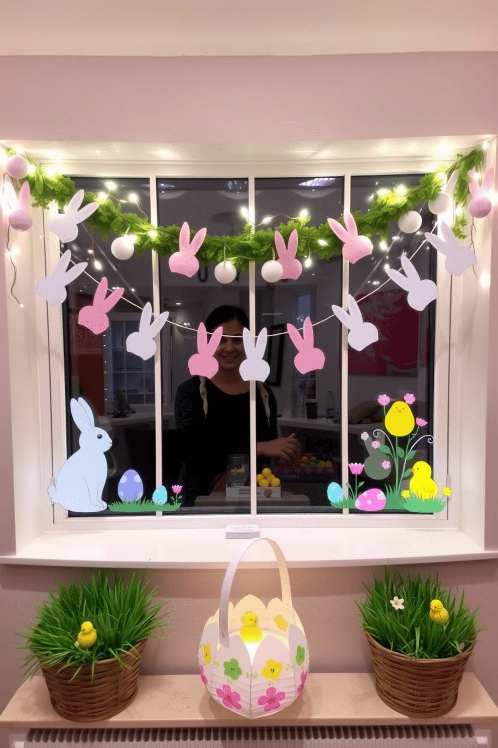 An Easter-themed garland with bunnies drapes across a large bay window, featuring pastel-colored bunnies interspersed with delicate, hand-painted eggs. The garland is complemented by soft, twinkling fairy lights that add a magical glow to the festive display. For window Easter decorating ideas, consider adorning the glass with vibrant, stained-glass-style window clings depicting Easter eggs and spring flowers. Add a touch of whimsy with hanging paper lanterns shaped like Easter baskets, filled with faux grass and small decorative chicks.