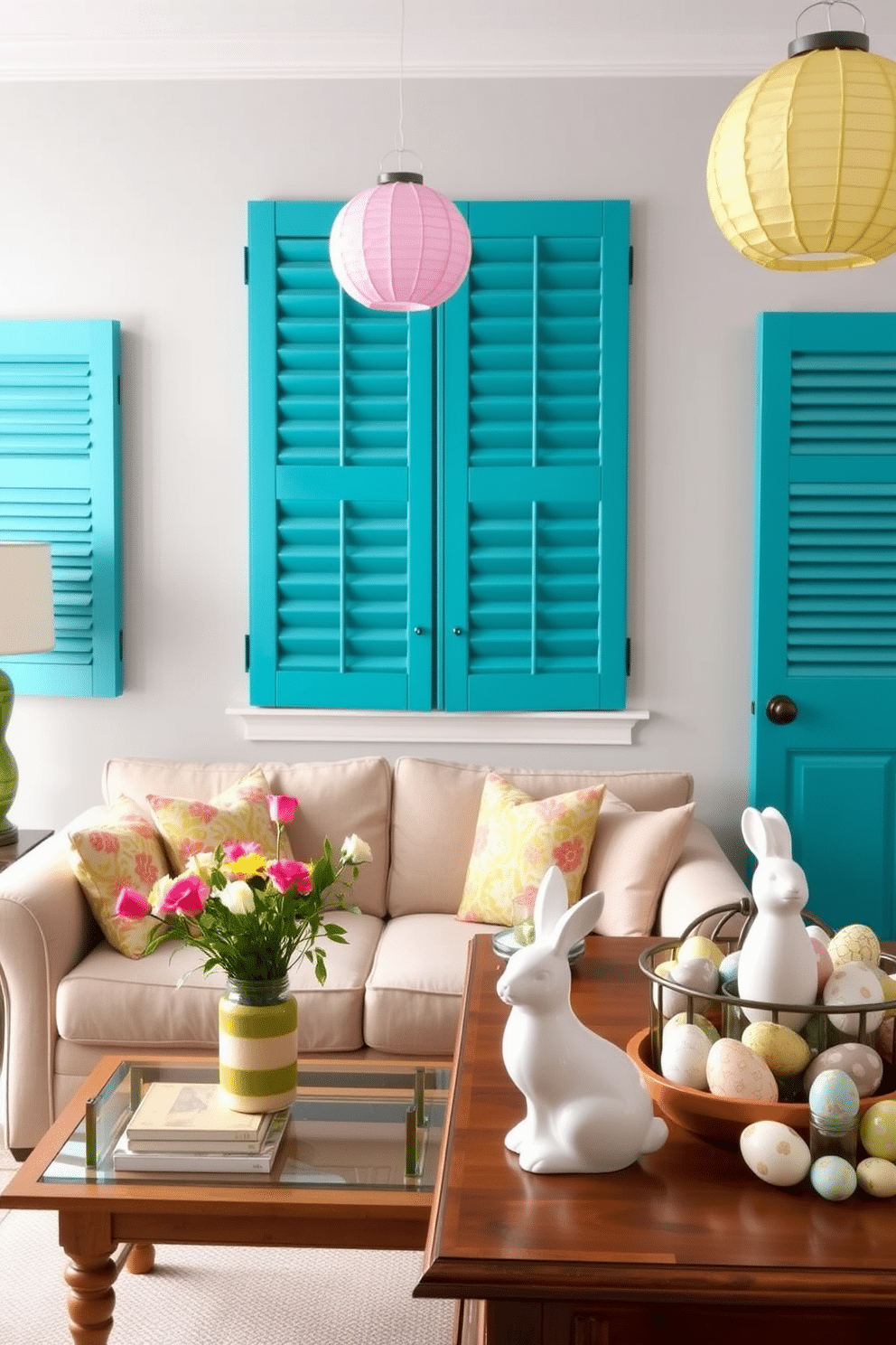 A cozy living room with brightly painted wooden shutters. The shutters are a vibrant teal, complementing the light gray walls and adding a pop of color to the room. Below the windows, a comfortable beige sofa is adorned with colorful throw pillows. A wooden coffee table with a glass top sits in front of the sofa, displaying a stack of books and a small potted plant. For Easter decorating ideas, consider a dining table set with pastel-colored tableware and a centerpiece of fresh spring flowers. Hanging above the table, delicate paper lanterns in soft pinks and yellows add a festive touch. On the sideboard, a collection of decorative Easter eggs in a variety of patterns and colors creates a playful display. A white ceramic bunny figurine completes the charming holiday scene.