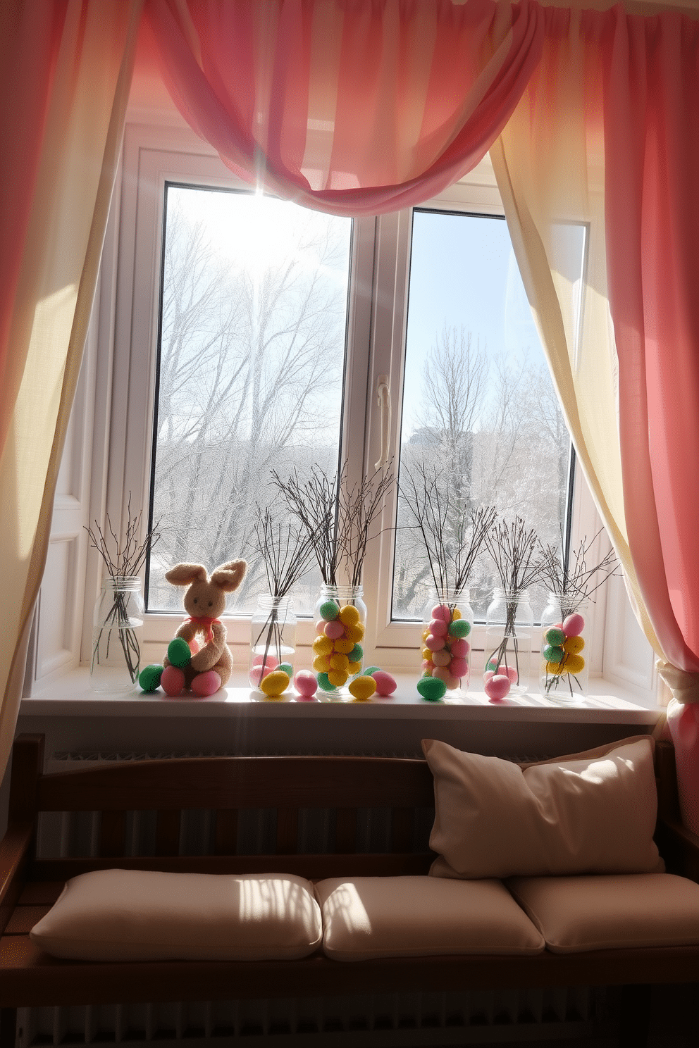 A cozy living room decorated for Easter. Glass jars filled with colorful eggs are placed on the windowsill, catching the sunlight and creating a cheerful atmosphere. The window is adorned with pastel-colored curtains, complementing the vibrant eggs. Below the window, a wooden bench with soft cushions invites guests to sit and enjoy the festive decorations.