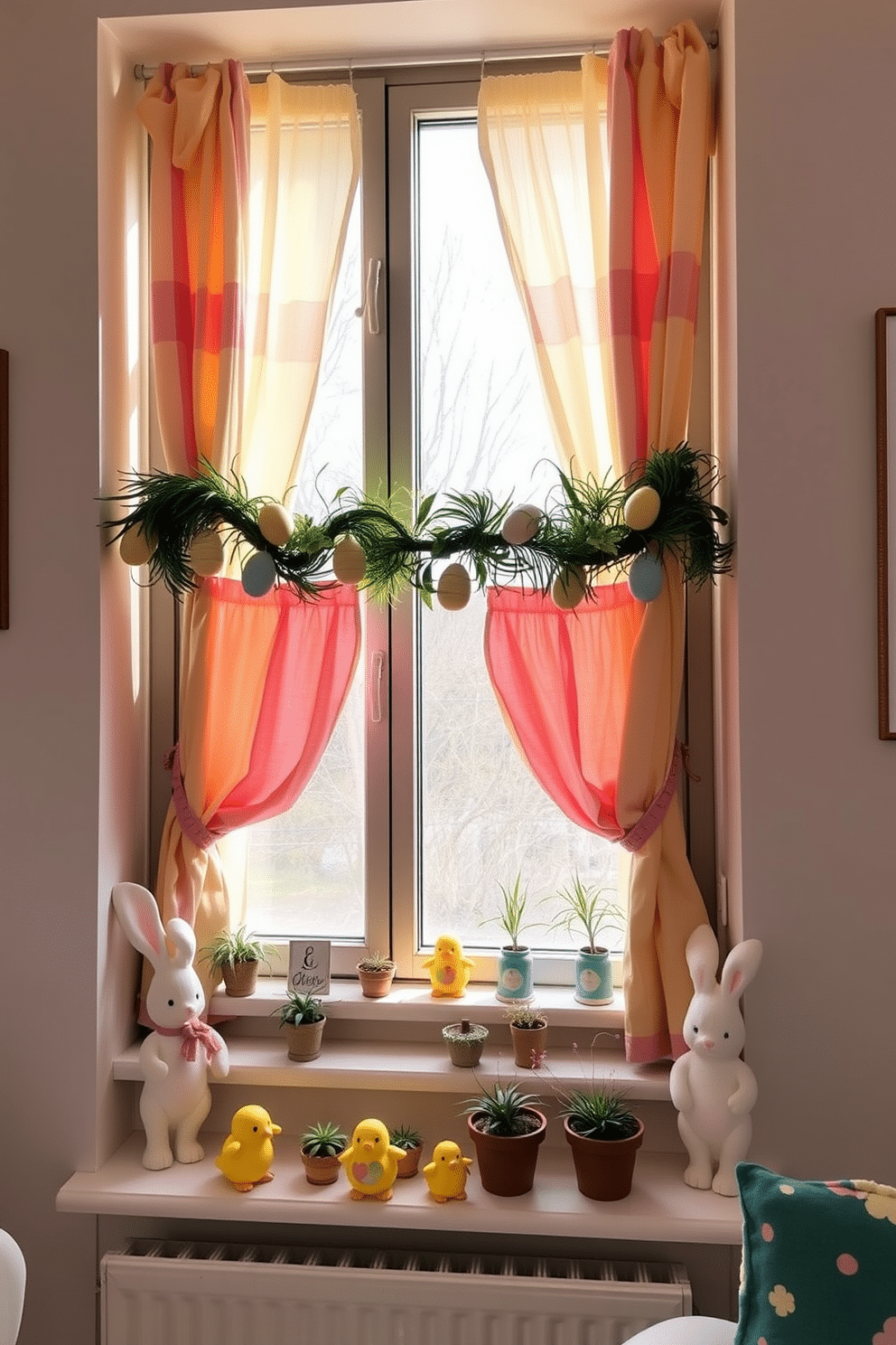 A cozy living room adorned with whimsical bunny and chick figurines. The window is decorated with pastel-colored curtains, and a garland of Easter eggs hangs above it. On the windowsill, there are small potted plants and a few more figurines, creating a festive atmosphere. The room is bathed in soft natural light, highlighting the cheerful decor.