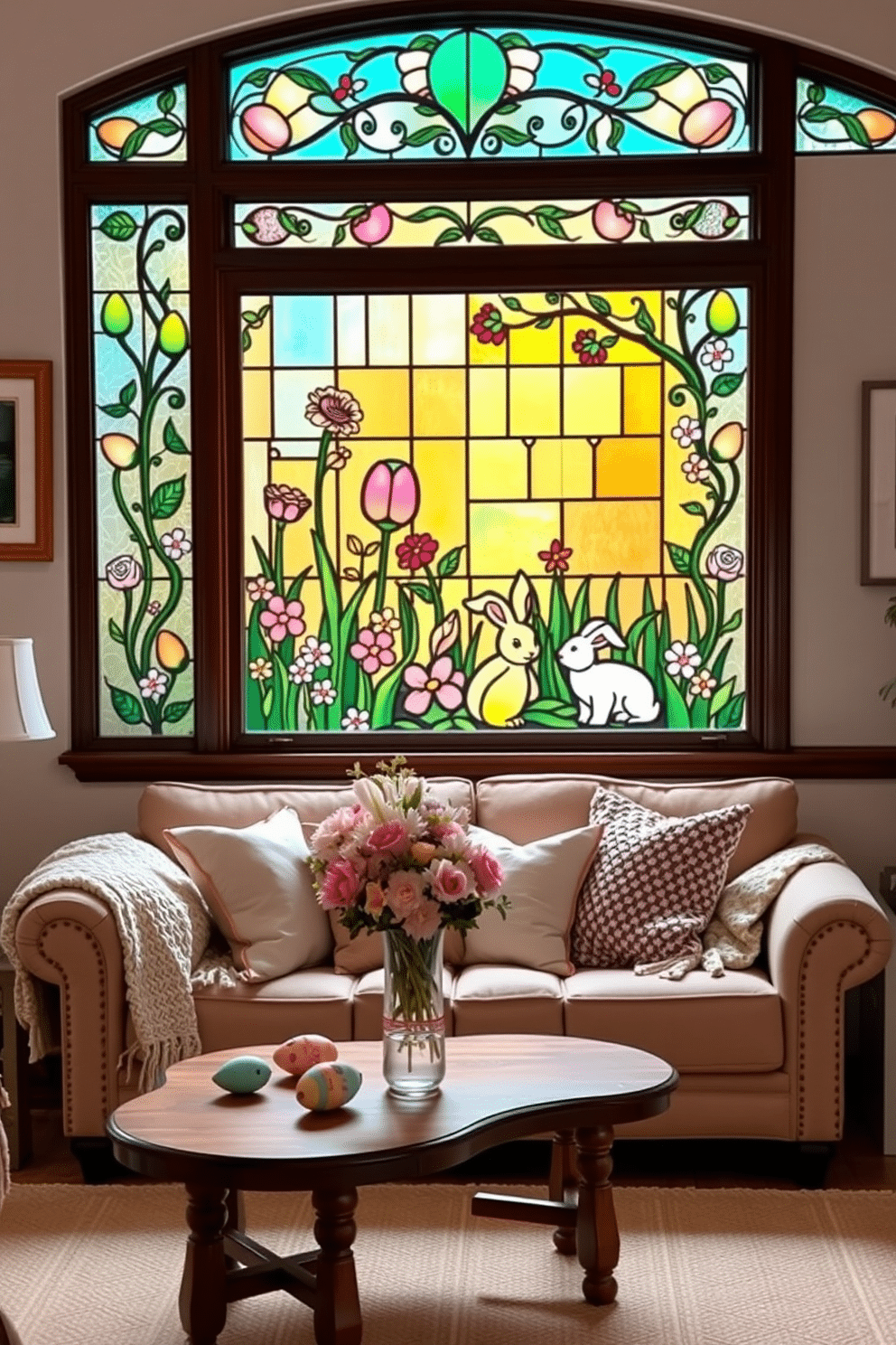 A cozy living room with an Easter-themed stained glass window as the focal point. The window features intricate designs of pastel-colored eggs, blooming flowers, and playful bunnies, casting a warm, colorful glow across the room. In front of the window, a comfortable beige sofa is adorned with pastel-colored cushions and a knitted throw blanket. A wooden coffee table holds a vase filled with fresh spring flowers, while a few decorative Easter eggs are scattered around.