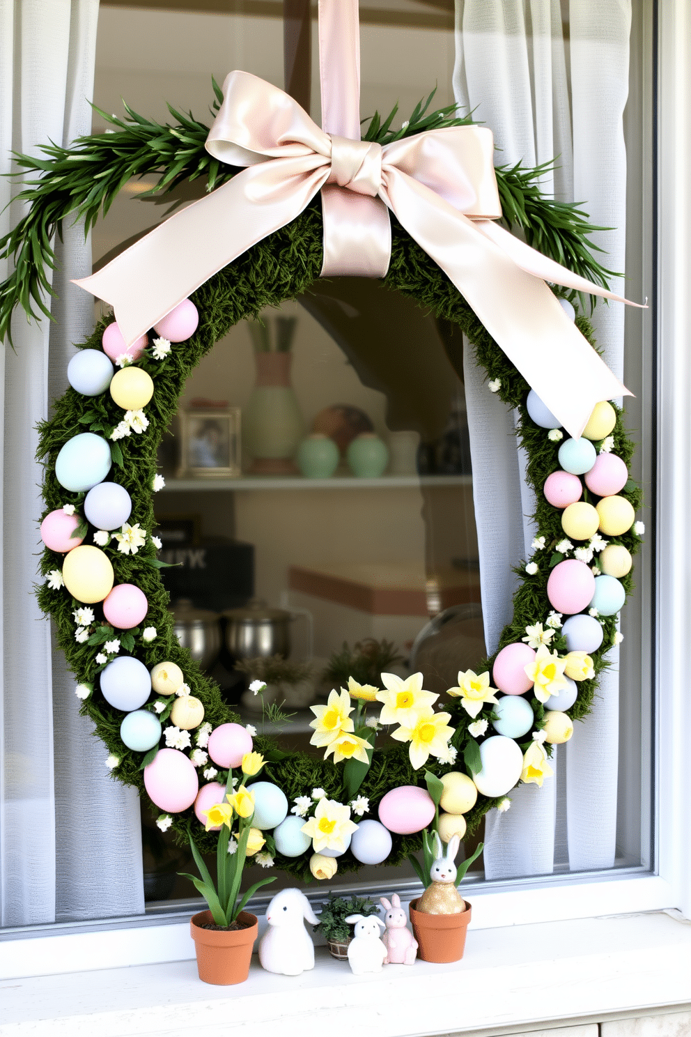 A charming DIY wreath made from colorful eggs. The wreath features a circular base wrapped in green moss, adorned with pastel-colored eggs in shades of pink, blue, yellow, and lavender. Interspersed among the eggs are small sprigs of faux greenery and delicate white flowers. A large satin ribbon in a coordinating pastel hue is tied into a bow at the top, ready to hang on a front door. Window Easter decorating ideas that bring a festive touch to your home. Hang a garland of faux greenery and pastel-colored eggs across the top of the window frame, complemented by sheer white curtains. Place small potted plants with blooming spring flowers like tulips and daffodils on the windowsill. Add a few decorative bunnies and egg-shaped ornaments to complete the cheerful Easter display.