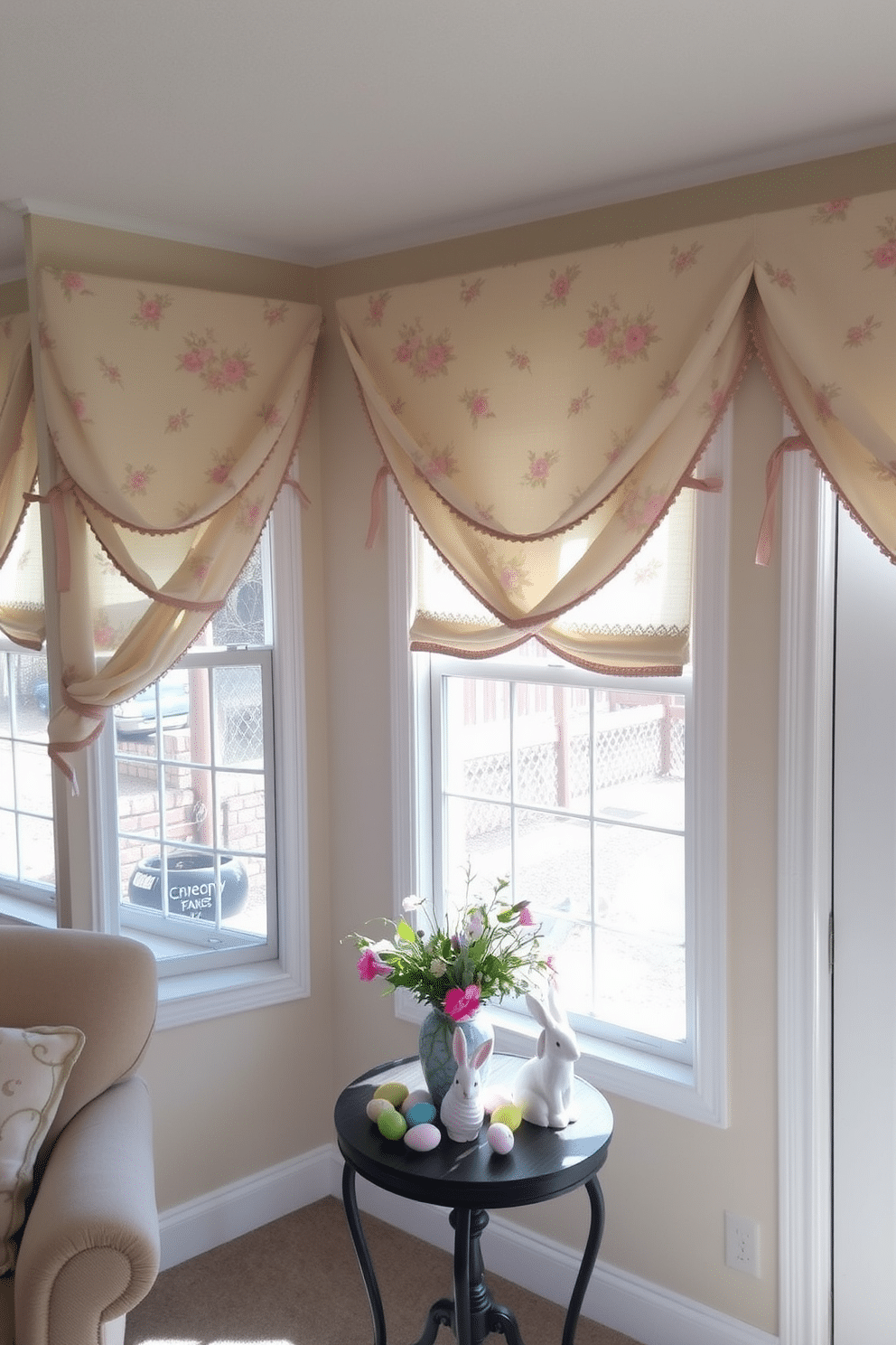 A bright and airy living room with large windows adorned with spring-themed fabric swags. The swags feature floral patterns in pastel colors, gracefully draping over the top of the windows and tied back with delicate ribbons. In the corner of the room, a small table is set up with Easter decorations. Colorful eggs, bunny figurines, and a vase filled with fresh spring flowers create a festive and inviting atmosphere.