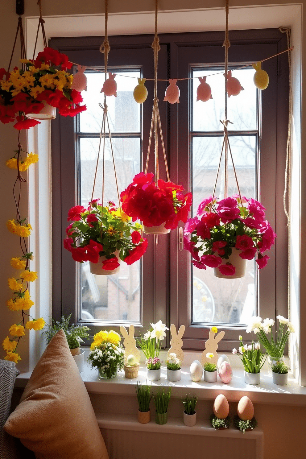 A cozy living room adorned with hanging flower pots. The pots are filled with vibrant blooms in shades of red, yellow, and purple, suspended from the ceiling by rustic ropes, creating a lush, cascading effect around a comfortable seating area. A charming window display for Easter, featuring pastel-colored decorations. Delicate garlands of paper eggs and bunnies drape across the window frame, while a collection of painted wooden eggs and small potted plants with spring flowers sit on the windowsill, bringing a festive and cheerful atmosphere to the room.