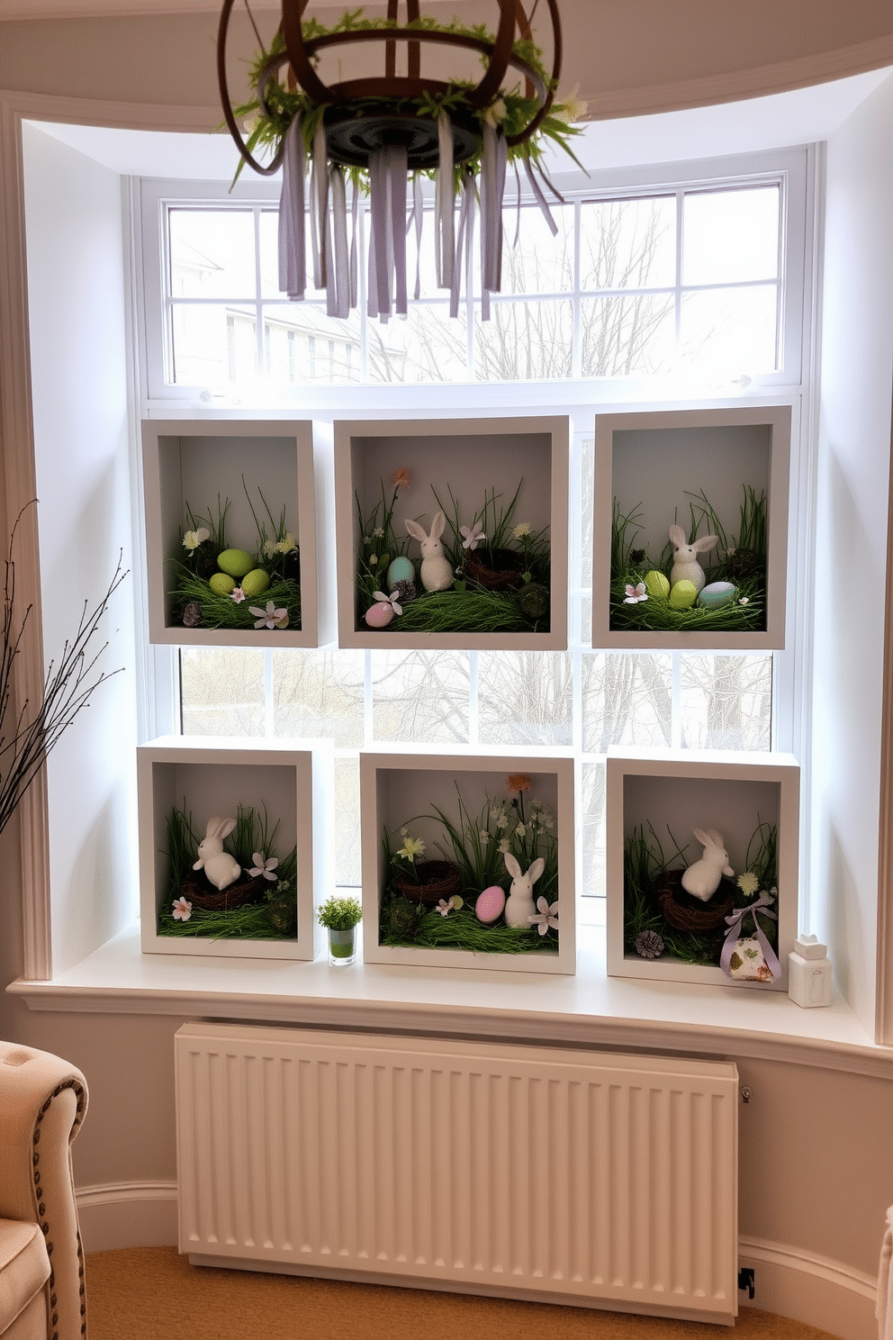 A cozy living room with an Easter theme. The large bay window is adorned with shadow boxes filled with pastel-colored eggs, bunny figurines, and spring flowers. Each box is intricately designed with a mix of artificial grass, miniature nests, and delicate ribbons. The window sill is painted white, contrasting with the soft pastel hues inside the shadow boxes, creating a cheerful and inviting atmosphere.