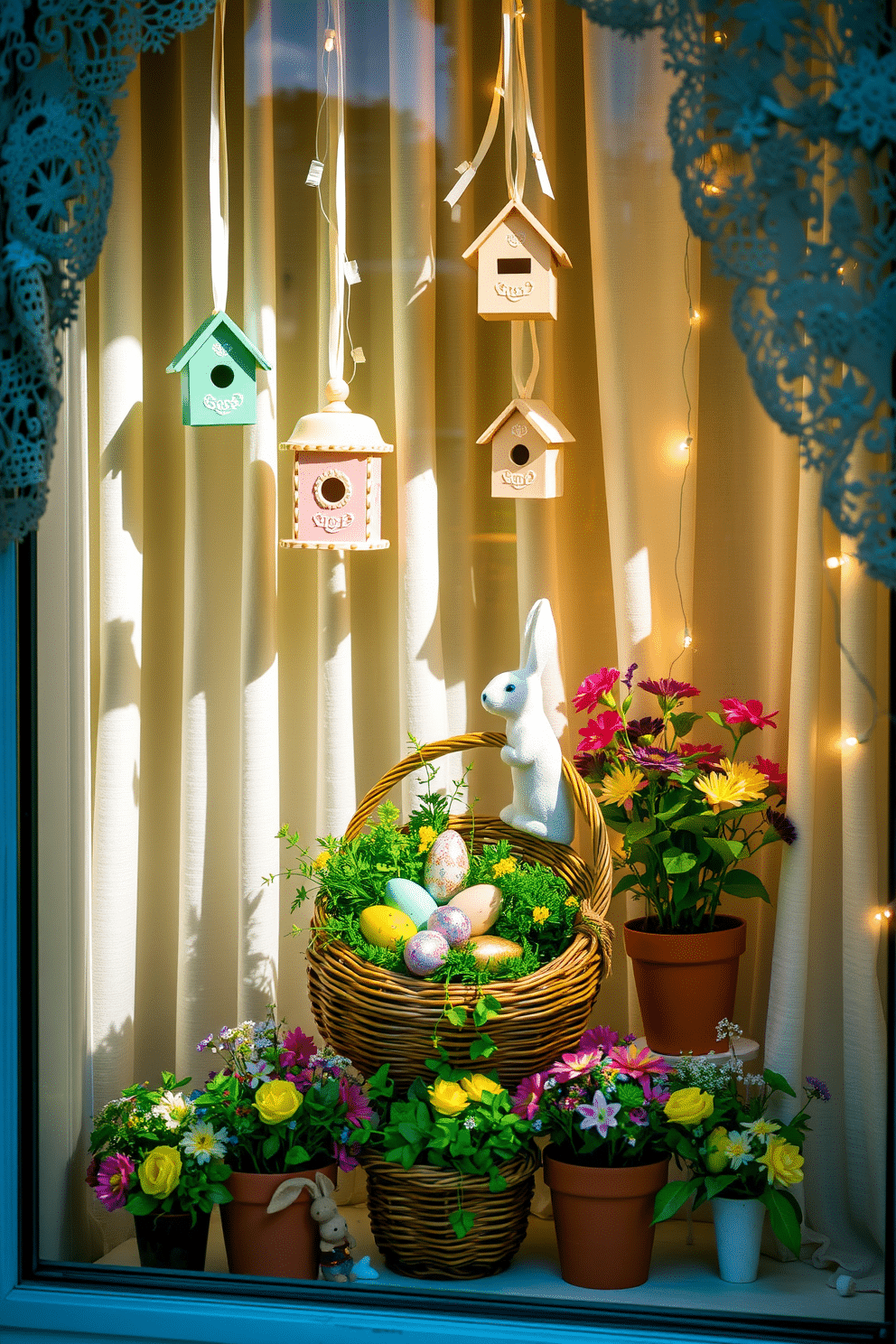 A charming window display featuring a collection of decorative birdhouses. The birdhouses are painted in pastel shades and adorned with intricate patterns, hanging at varying heights with delicate ribbons. Surrounding the birdhouses are lush green plants in terracotta pots, adding a touch of nature to the scene. The window is framed with white lace curtains, softly filtering the sunlight and casting gentle shadows. An inviting window setup showcasing delightful Easter decorations. The display includes colorful Easter eggs nestled in a wicker basket, surrounded by vibrant spring flowers. A whimsical rabbit figurine stands beside the basket, adding a playful touch. Soft fairy lights are intertwined with the decorations, creating a warm and festive atmosphere.