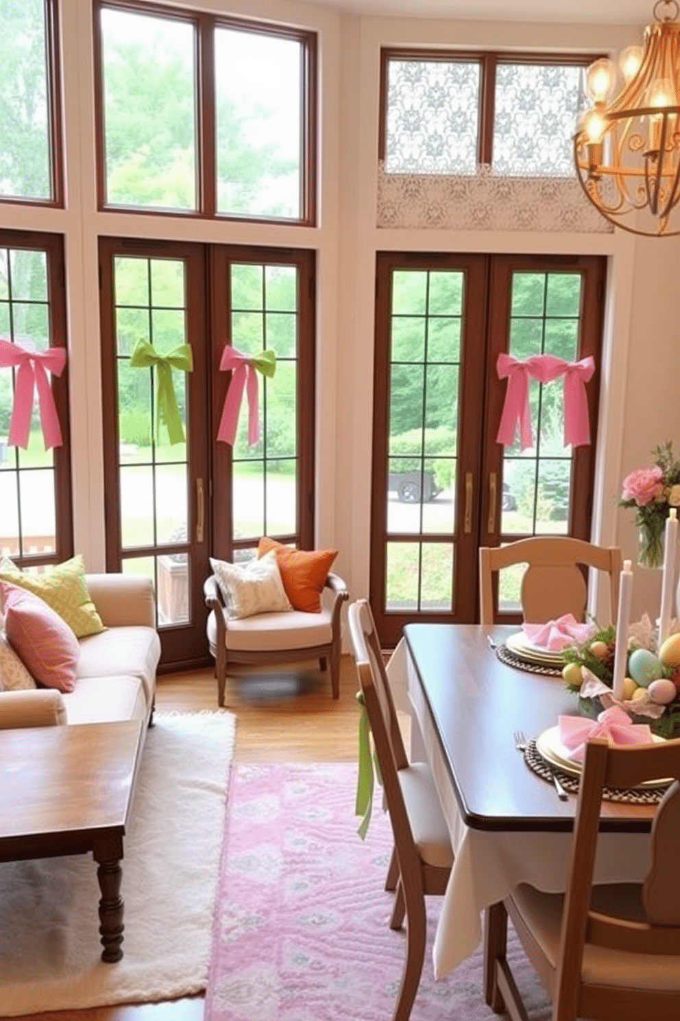 A cozy living room with large windows adorned with colorful ribbon bows tied around the handles. The room features a plush beige sofa with vibrant throw pillows, a wooden coffee table, and a soft area rug in pastel hues. A cheerful Easter-themed dining room with a centerpiece of decorated eggs and fresh flowers. The table is set with pastel-colored plates and napkins, while the windows are dressed with delicate lace curtains and adorned with ribbon bows in spring colors.