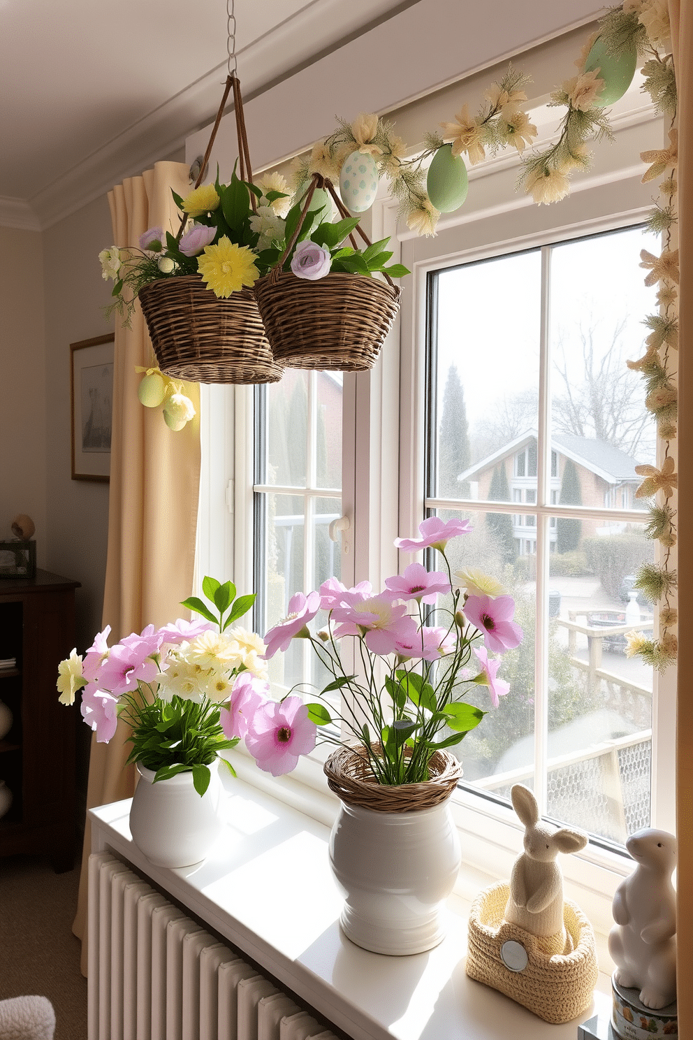 A cozy living room adorned with pastel-colored window flower arrangements. Soft pink, lavender, and mint green flowers are arranged in white ceramic pots, placed on the windowsill to catch the sunlight, enhancing the room's serene ambiance. A cheerful Easter-themed dining room with window decorations. Delicate pastel-colored flowers in shades of yellow, blue, and pink are arranged in wicker baskets, hanging from the window frames, complemented by Easter egg garlands and bunny figurines on the windowsill.