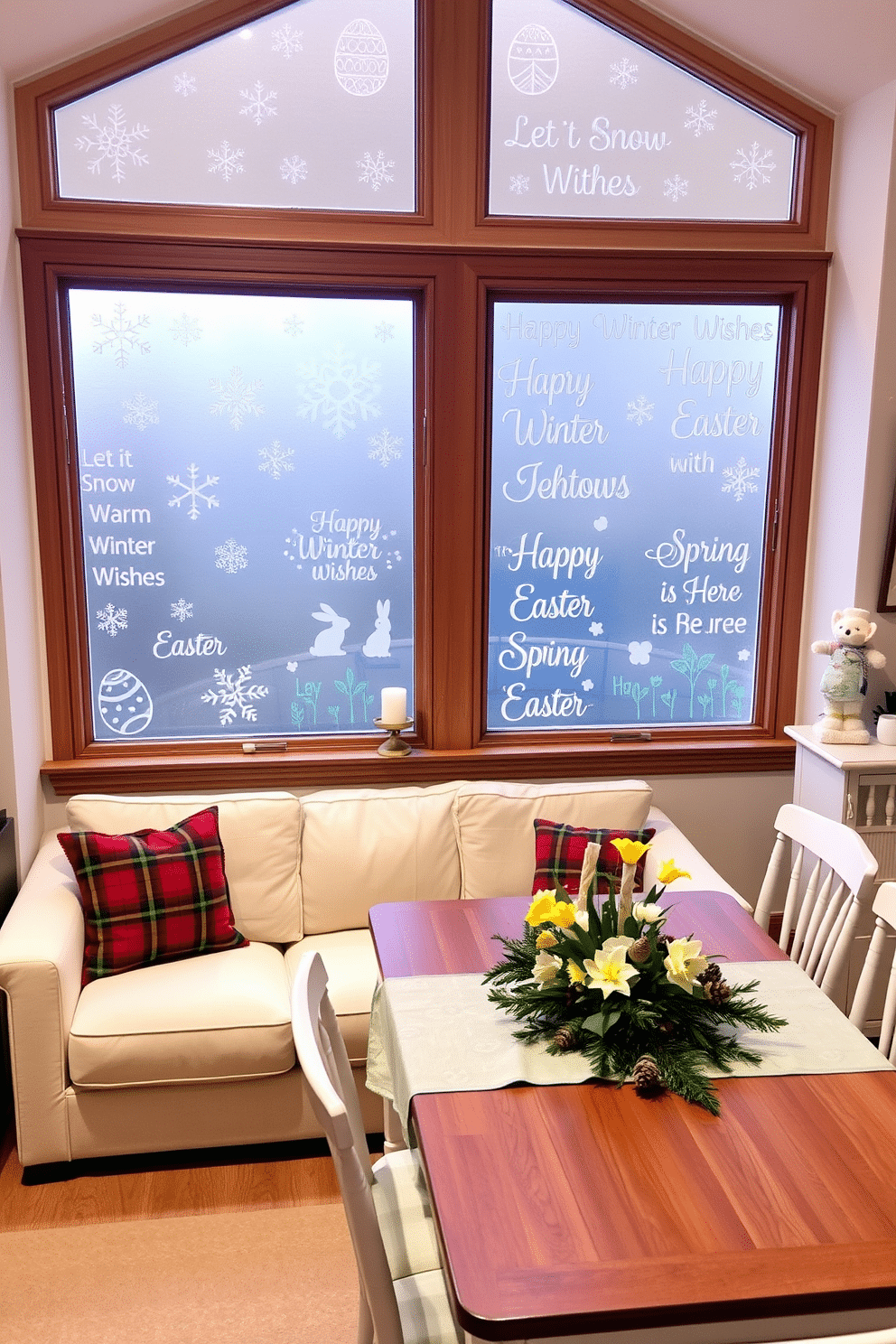 A cozy living room for the winter season. The room features a large bay window adorned with frosted window decals of snowflakes and winter quotes, such as 